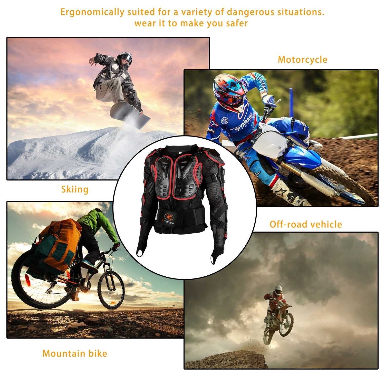 RIDBIKER Motorcycle Full Body Armor Jacket, Red, Large, Removable Spine Chest Protector, Model Ridbiker-14, Polypropylene