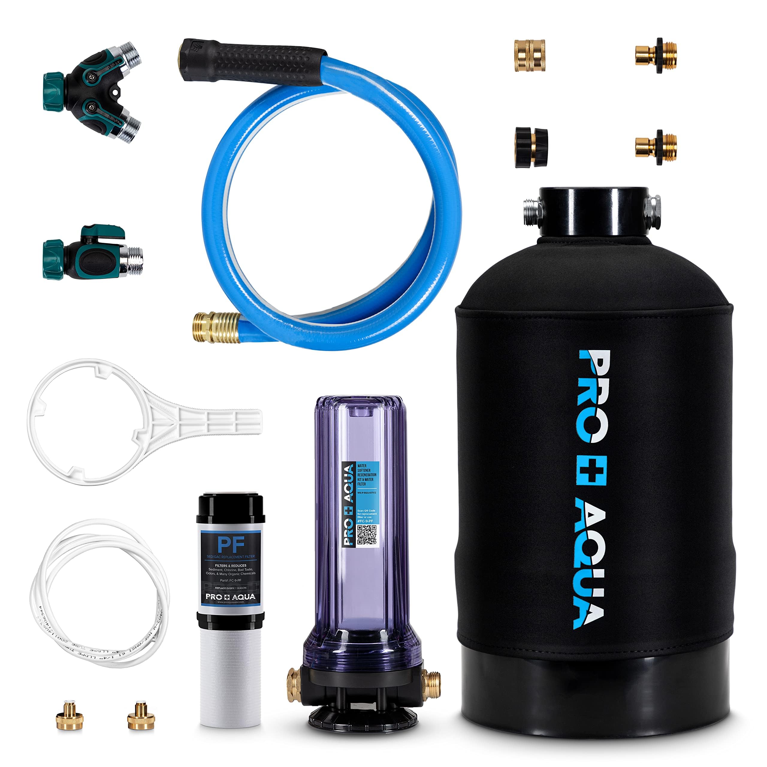 Pro+Aqua Portable Rv Water Softener 16,000 Grains And Filtration System Bundle, Filter And Soften Hard Water For Rv Trailers Van