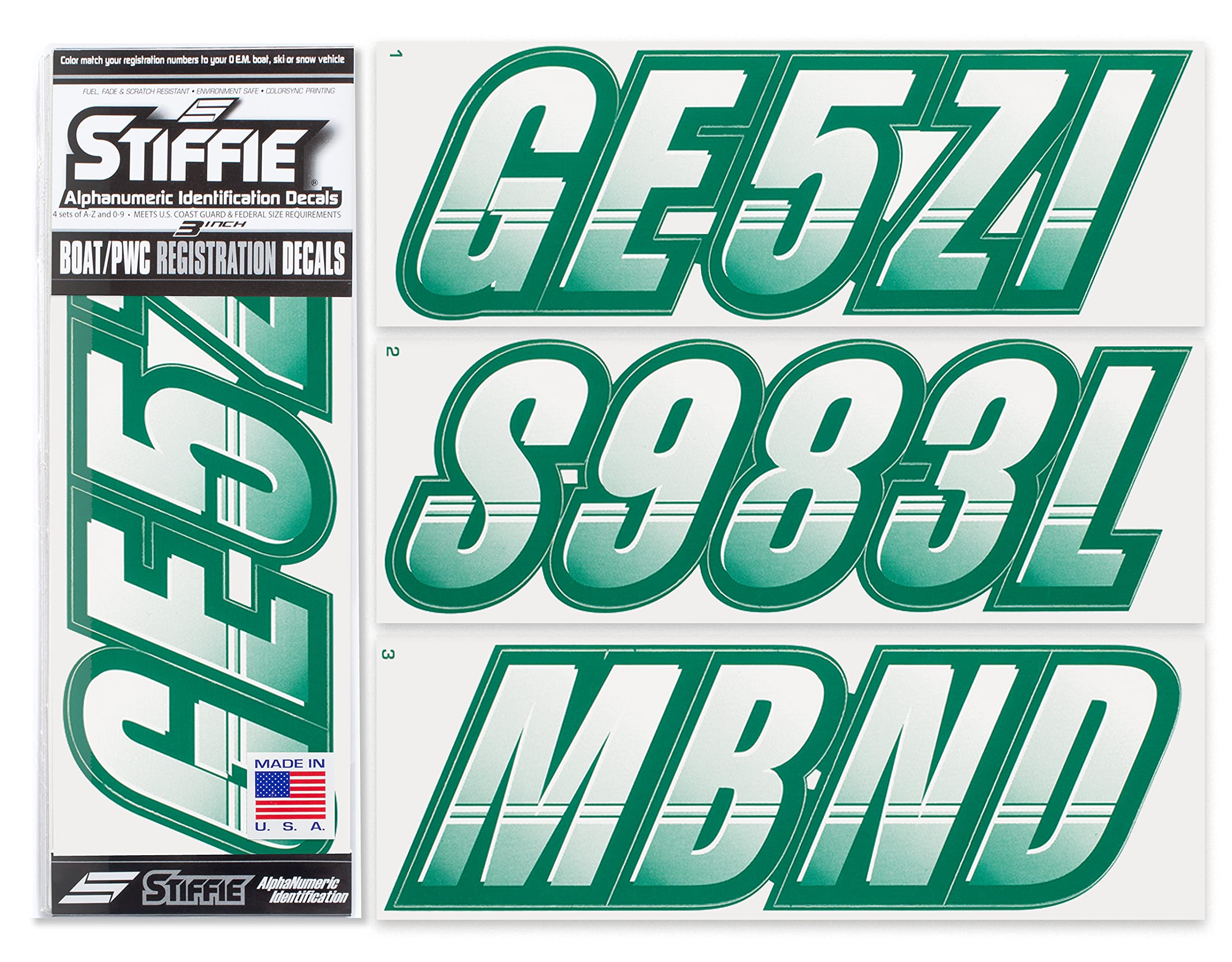 Stiffie Techtron White/Racing Green 3 '' Boat & Pwc Registration Decals  Numbers Letters Stickers