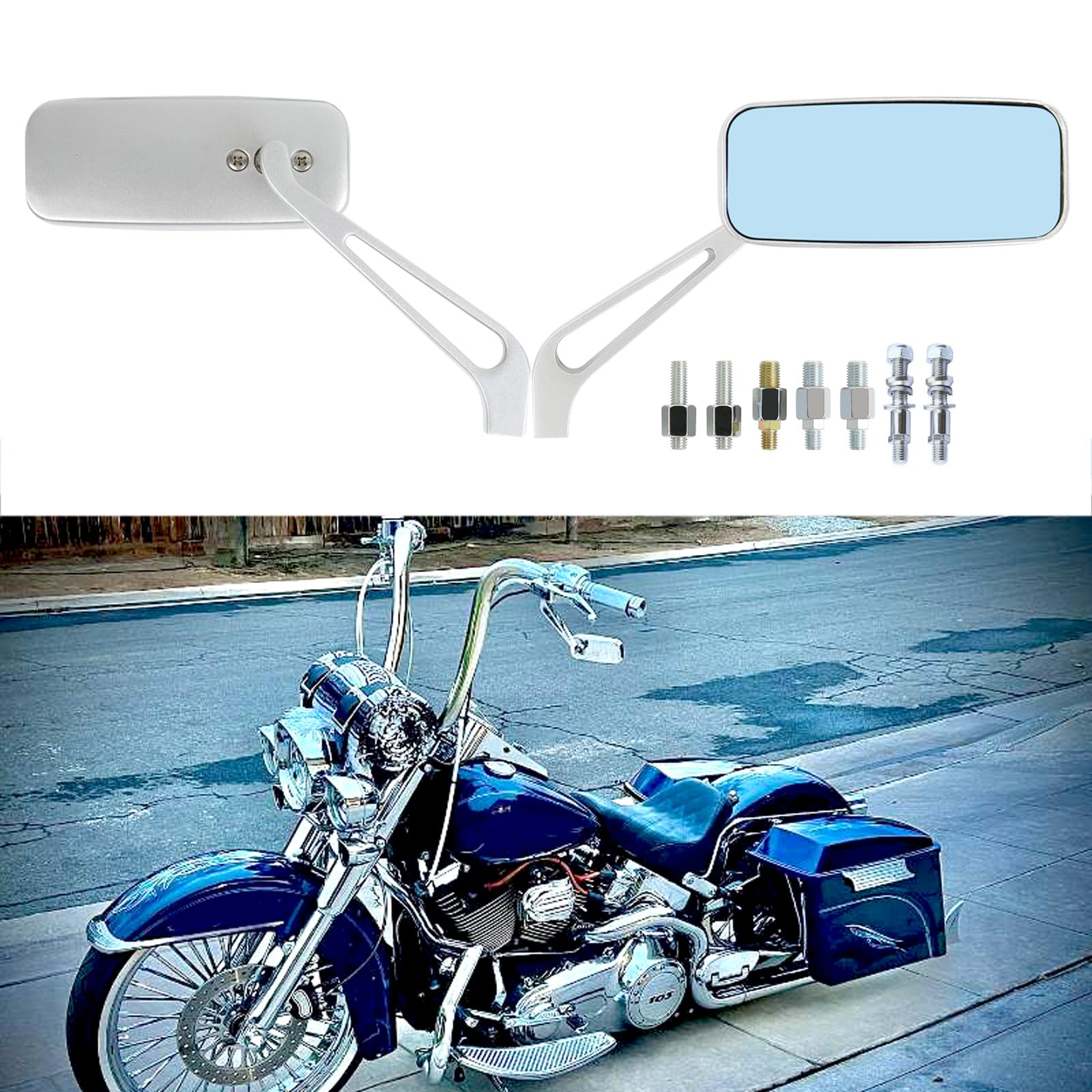 8Mm/10Mm Silver Rectangle Motorcycle Rear View Side Mirrors For Cruiser Chopper Honda Kawasaki Suzuki Yamaha (Silver With Harley