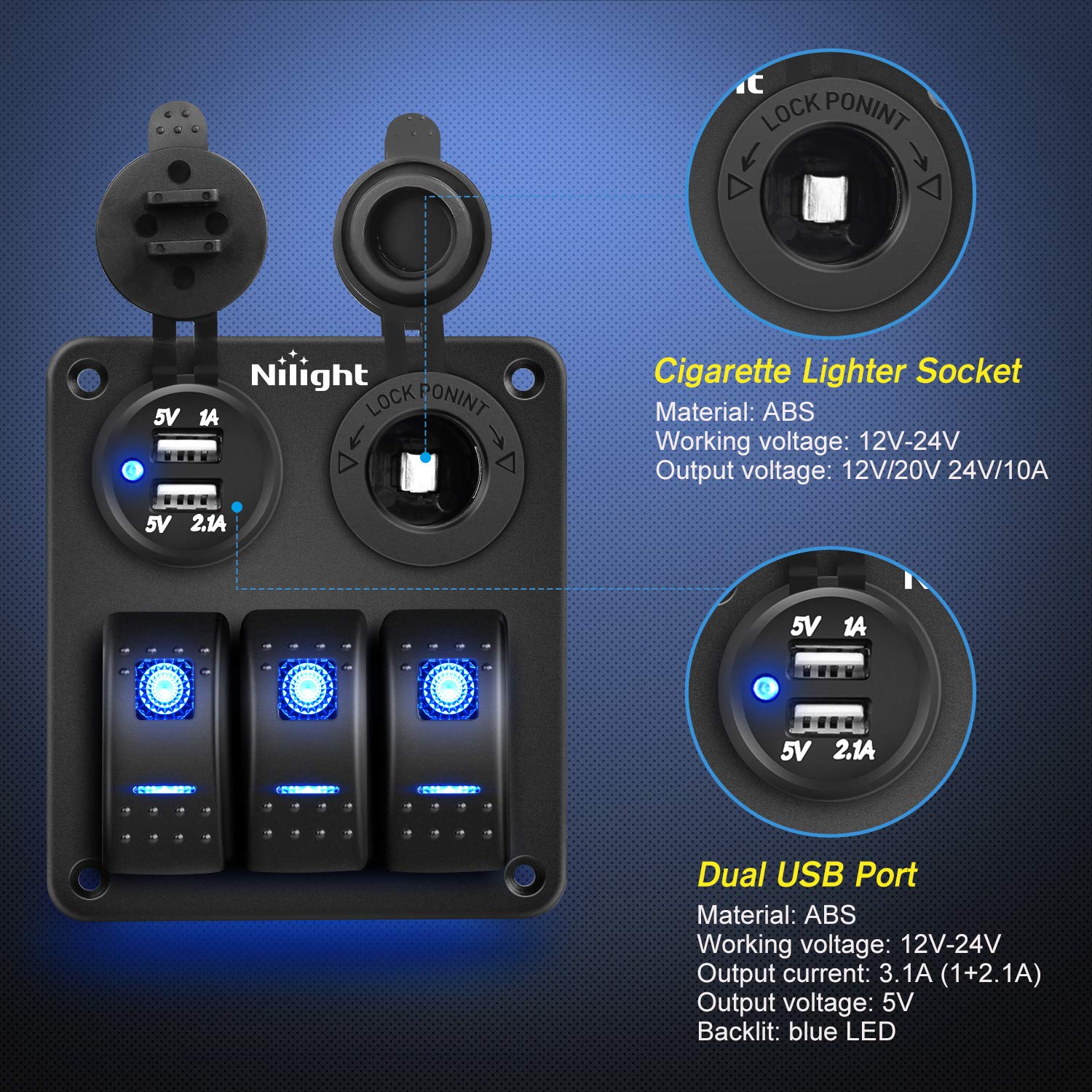 Nilight - 90115C 3 Gang Rocker Switch Panel Waterproof Pre-Wired Aluminum Switch Panel With Dual Usb Charger Socket & Cigarette