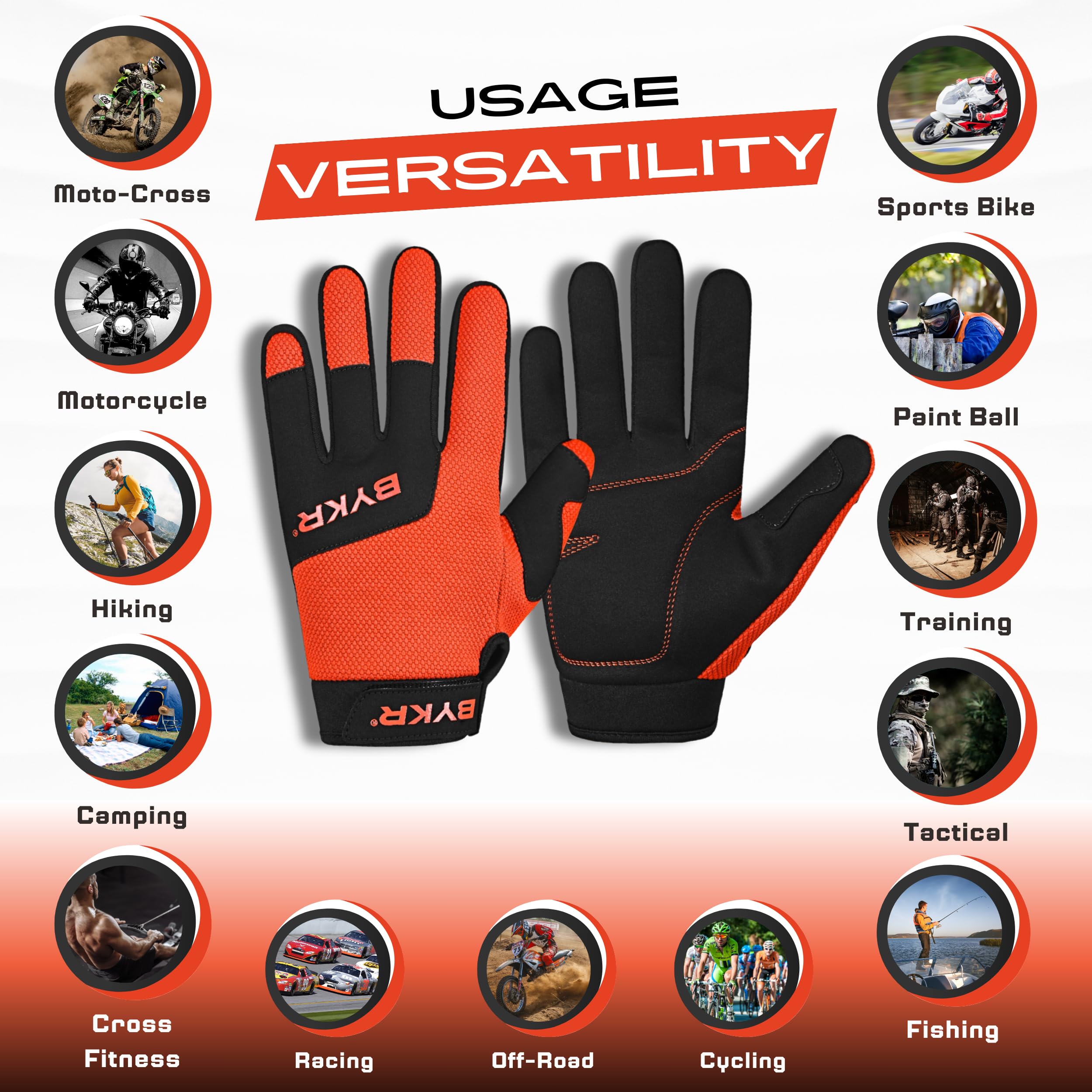Bykr All-Weather Motorcycle Gloves For Men & Women - Protection For Dirt Bike, Bmx, Mx, And Atv Riding - Orange S