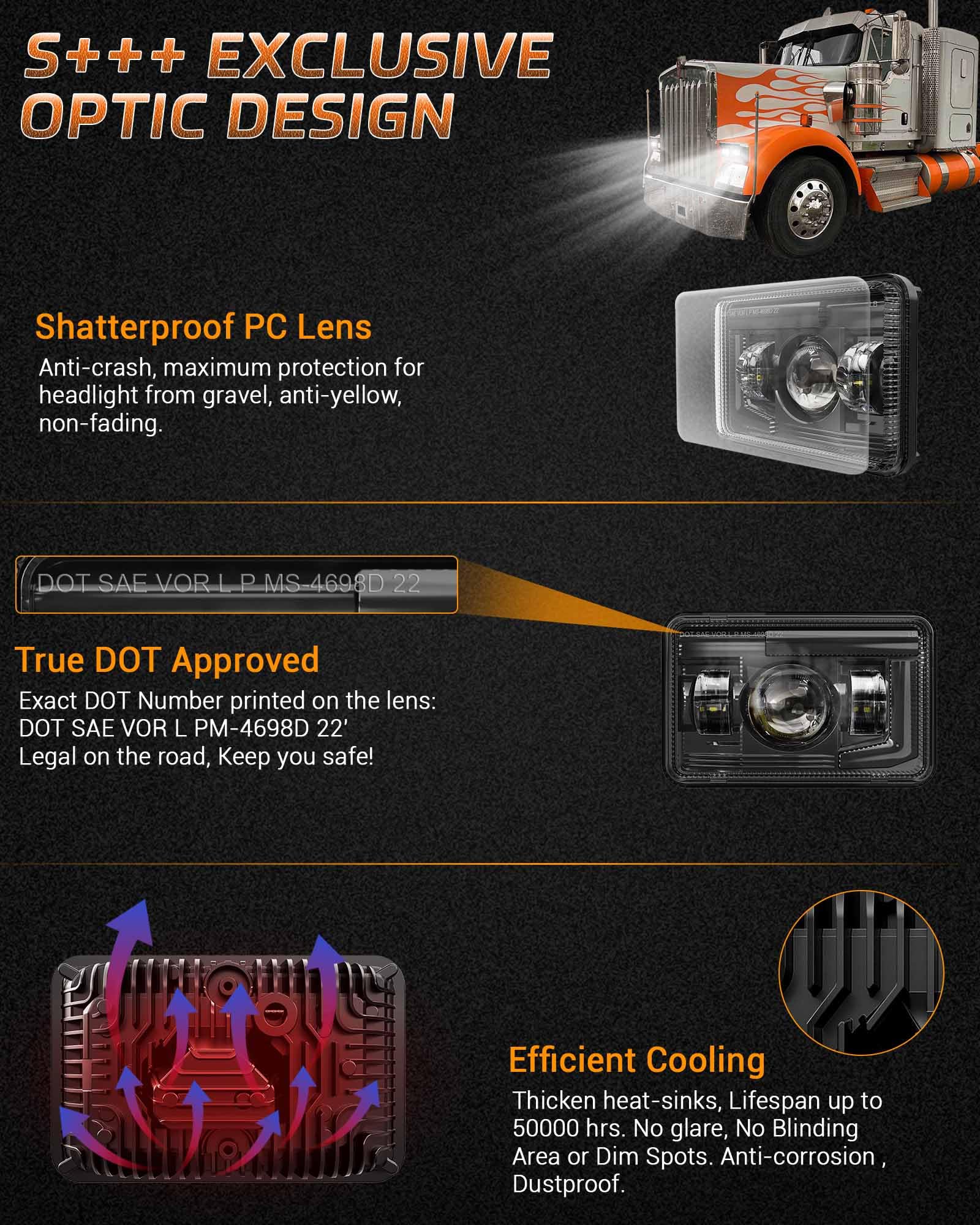 Z-Offroad Dot Approved 4X6 Led Headlights Assembly Hi/Lo Sealed Beam Compatible With Kenworth T800 T600 Peterbilt 379 Freightliner Chevy Oldsmobile Cutlass H4651 H4652 H4656 H6545 H4666, 4Pcs-Black