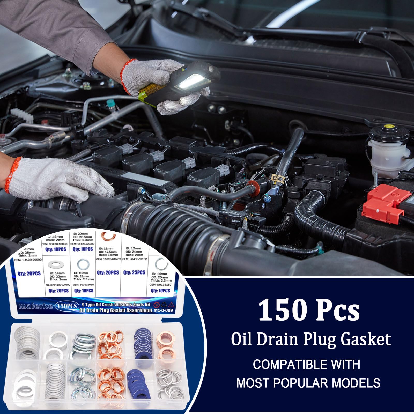 maierke 150PCS Crush Washer Oil Drain Plug,9 Sizes Oil Drain Plug Gasket Assortment,Automotive Engine Crush Washers (M11 M12 M14