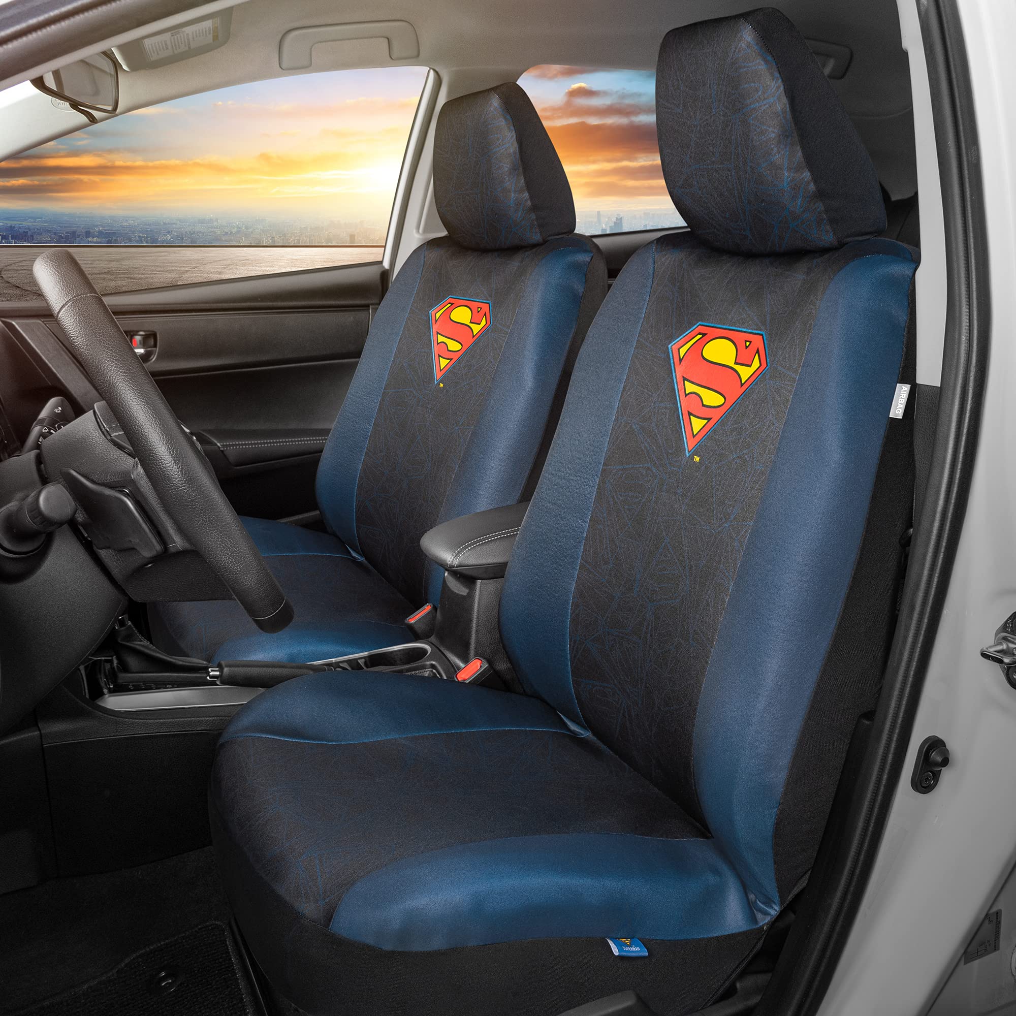 Bdk Warner Bros Dc Comics Superman Universal Fit Seat Covers Car Accessories - With Removable Head Cover & Matching Seat Belt Pa