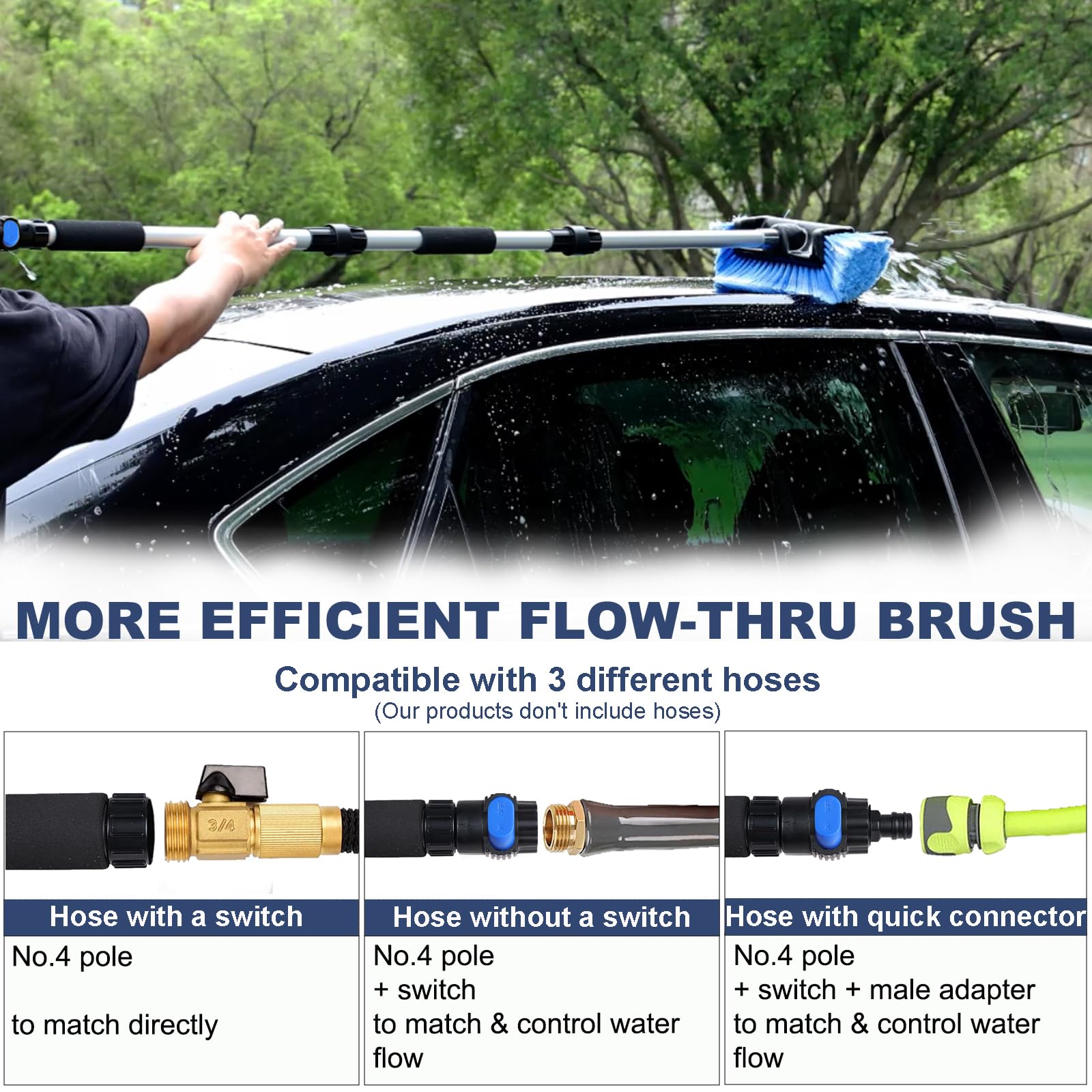 Navapal 69'' Car Wash Brush With Long Handle, Flow-Thru Soft Bristle Car Washing Brush With Extendable Handle And Hose Attachmen