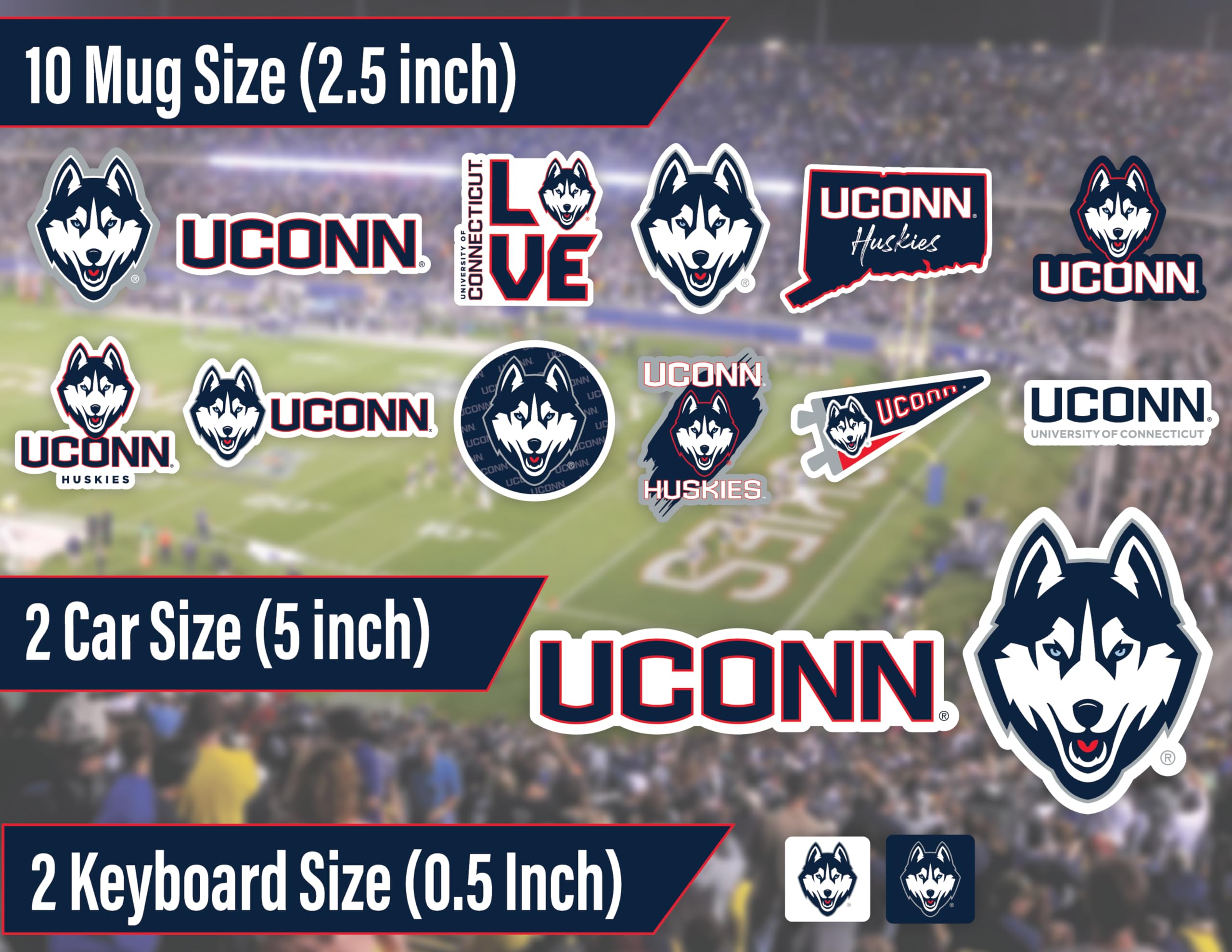 Uconn Stickers (14 Piece) Uconn Huskies Gifts For Men Football Fans For Car Laptop Water Bottle + 2 Large Uconn Huskies Car Deca