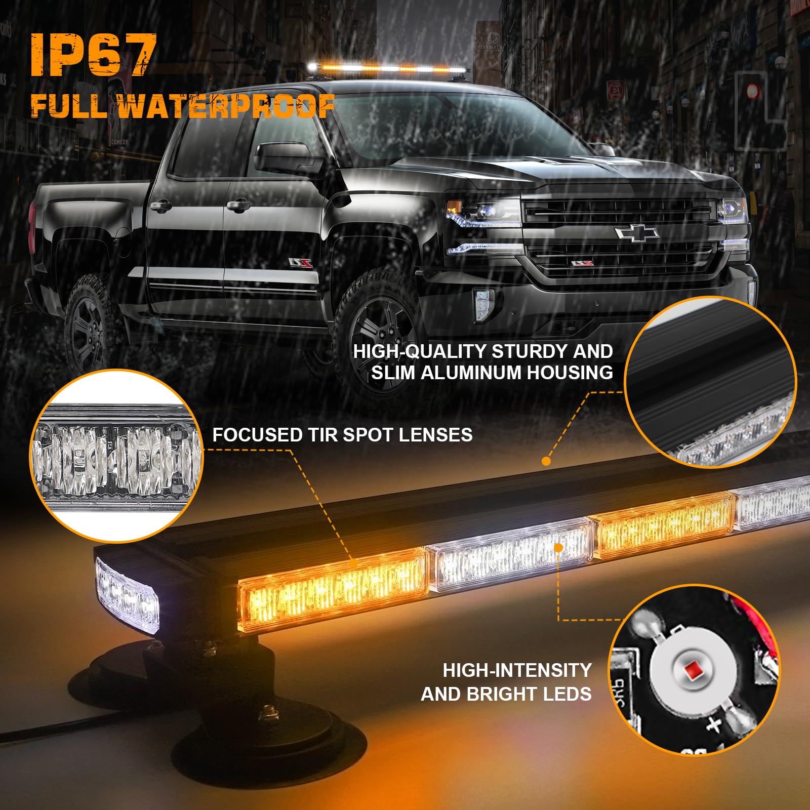 Xridonsen 37'' 104 Led Roof Top Strobe Light Bar Amber White Emergency Traffic Advisor Lights Double Side Warning Safety Flashin
