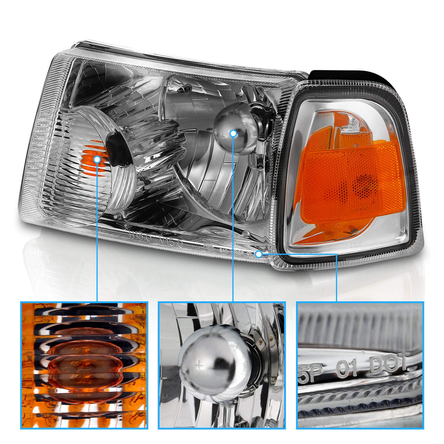 Amerilite For 2001-2011 Ford Ranger Pickup Truck Chrome Factory Oe Style Replacement Headlights Assembly Corner Lamp Combo Set - Driver And Passenger Side