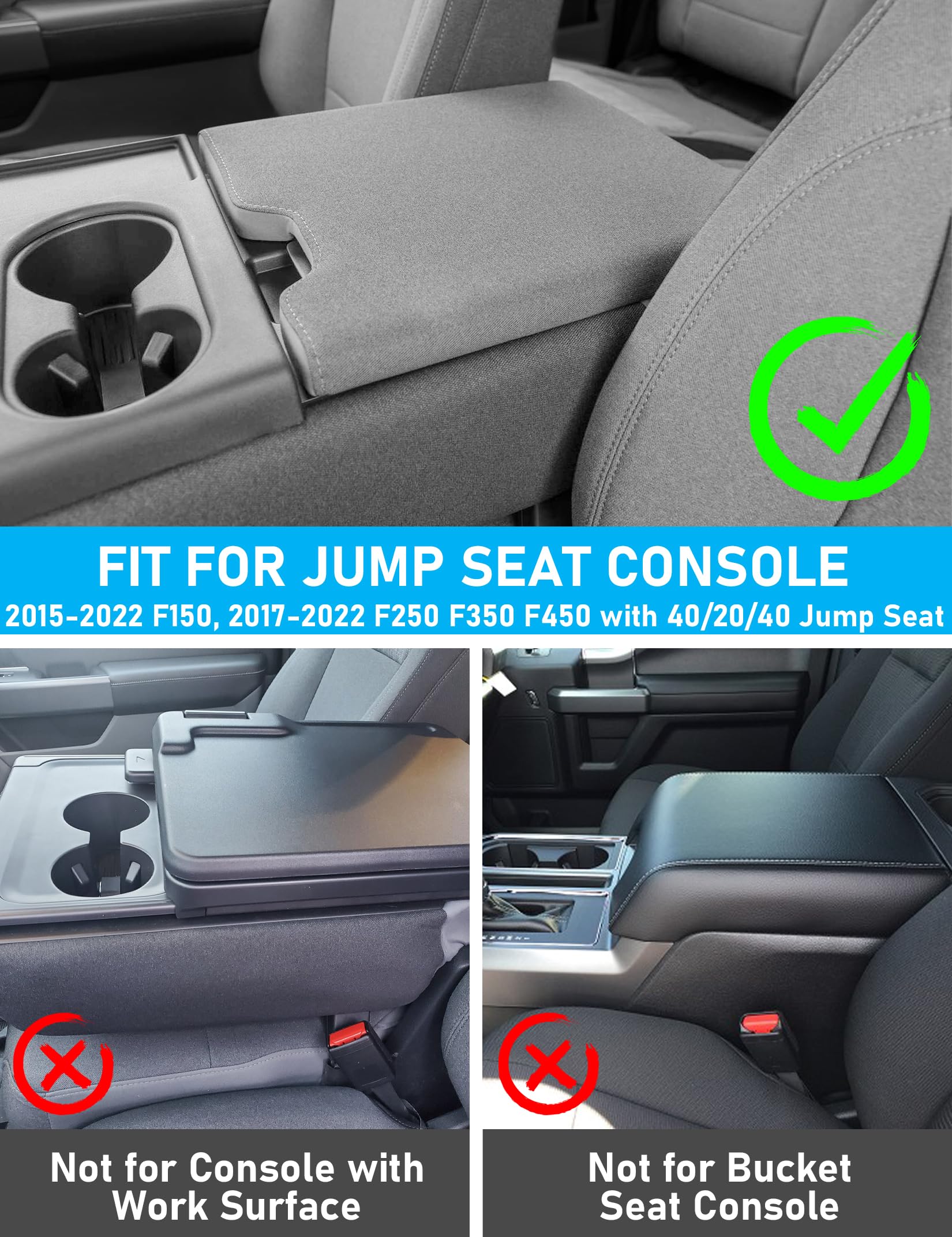 Sinvanho Center Console Armrest Cover For 2015-2024 Ford F150 F250 F350 F450 F550 With 40/20/40 Jump Seat, Pu Leather Middle Con