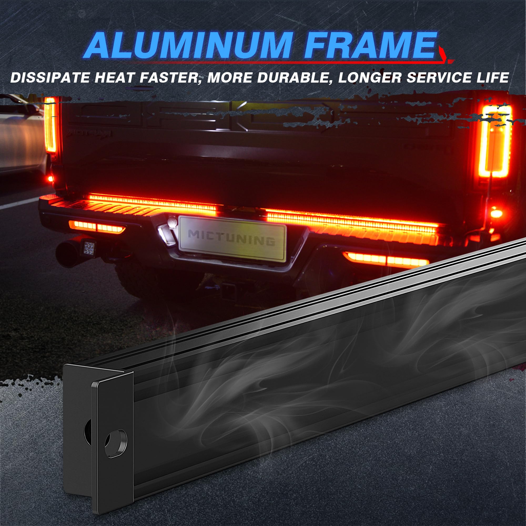 Mictuning Triple Tailgate Light Bar Waterproof Plug-And-Play Aluminum Frame With 4-Way Flat Connector - Amber Sequential Turn Si