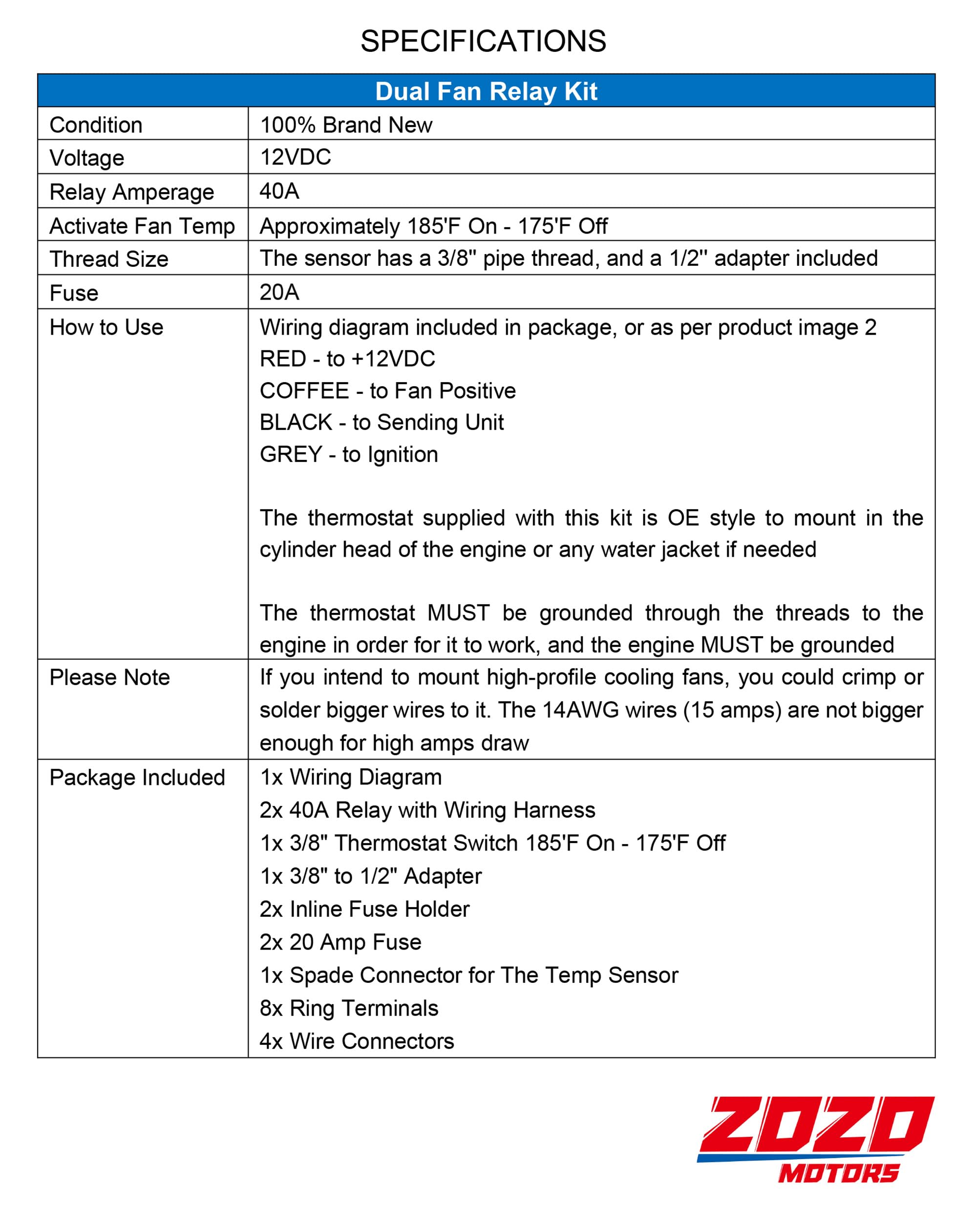 Zozomotors Dual Electric Fan Relay Kit Radiator Electric Fan Thermostat Kit Temperature Sensor Switch 185 On 175 Off, Automotive 40 Amp Cooling Fan Relay Switch Kit 4 Pin, Dual Electric Fan Wiring Kit