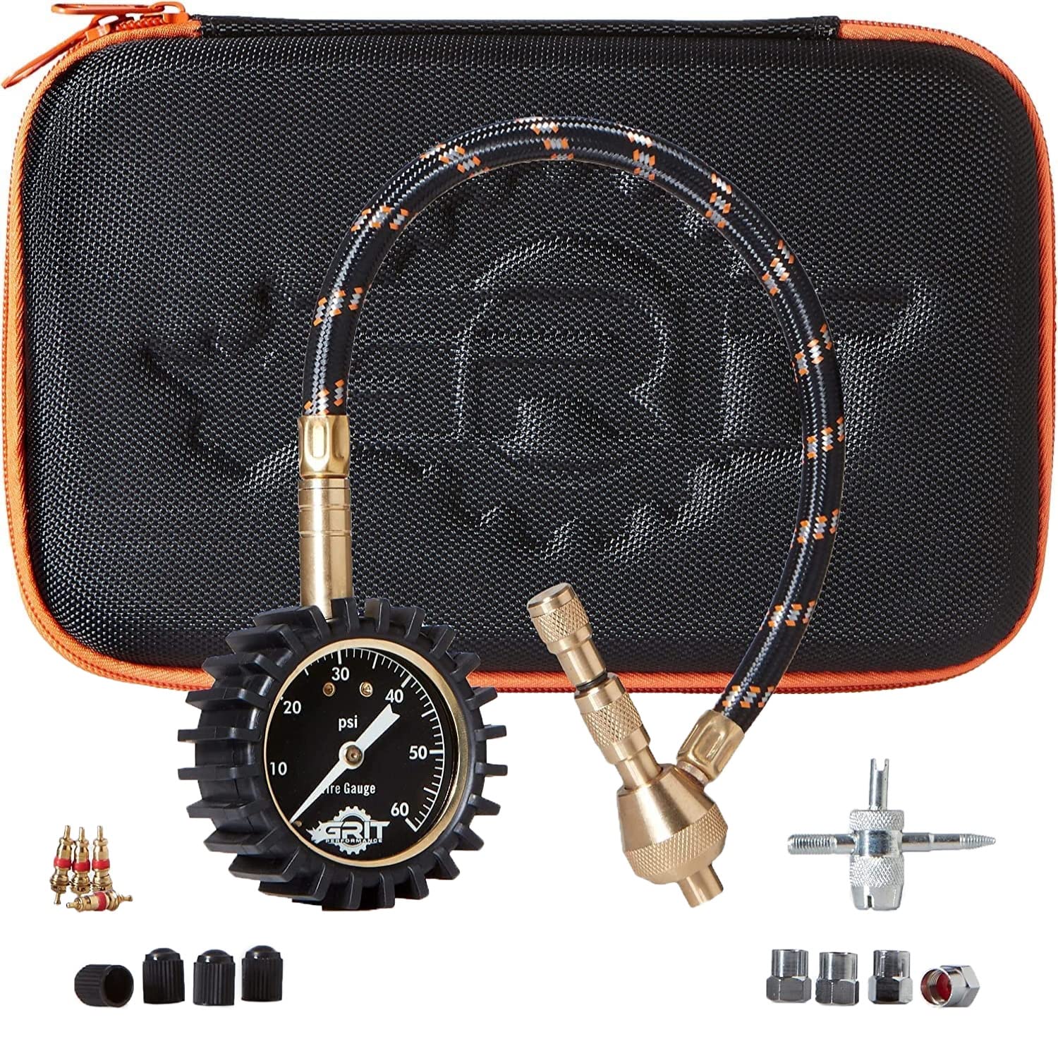 Grit Performance Tire Pressure Gauge (0-60 Psi) Heavy Duty, With Custom Foam Case, Chrome Caps & Valve Core Repair Tool, Rapid Air Pressure Gauge, Tire Deflators Offroad Accessories, 4X4 Tires