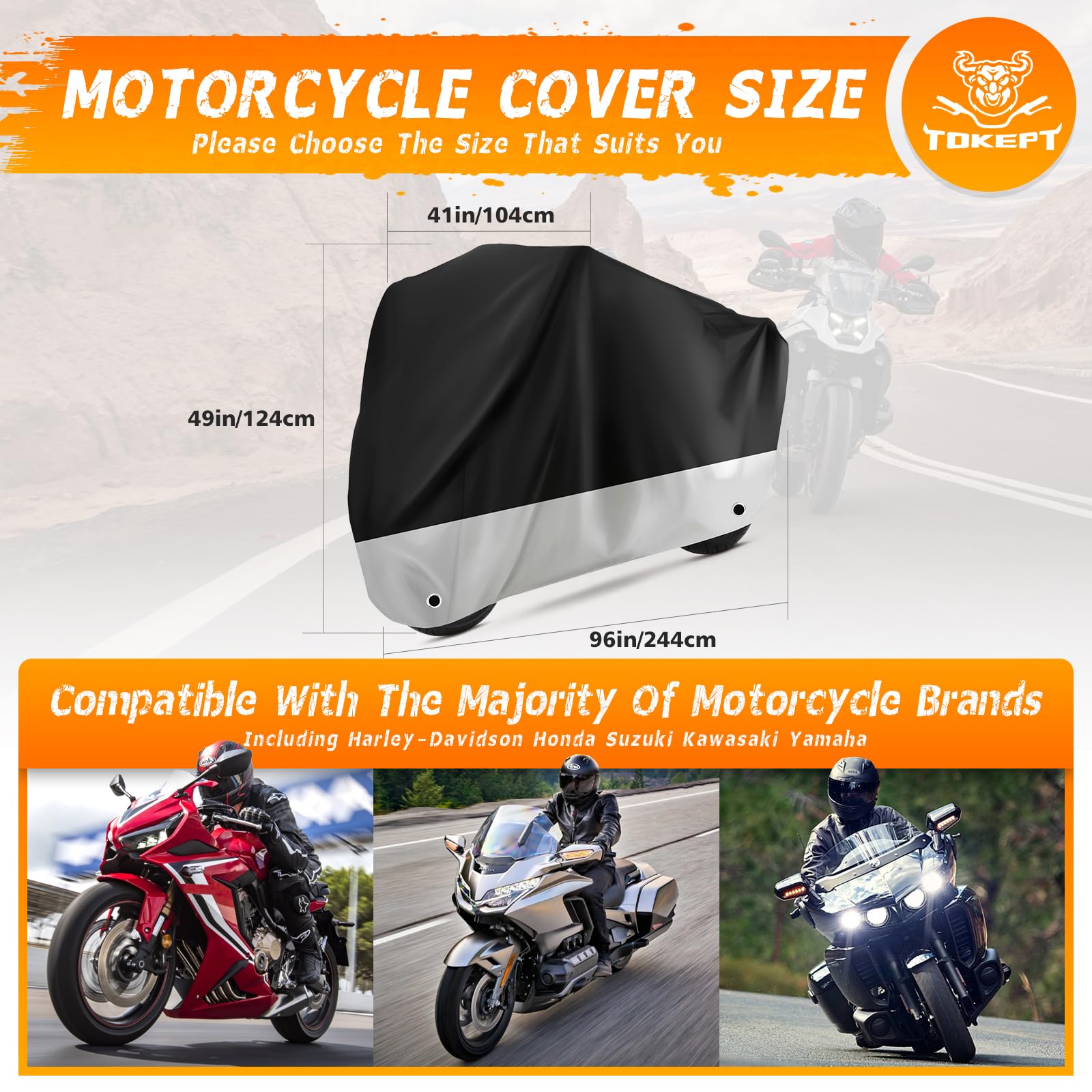 Tokept Motorcycle Cover Waterproof Outdoor Protection with Lock-Holes & Storage Bag Fits up to 96 Motorcycles Vehicle Cover fo
