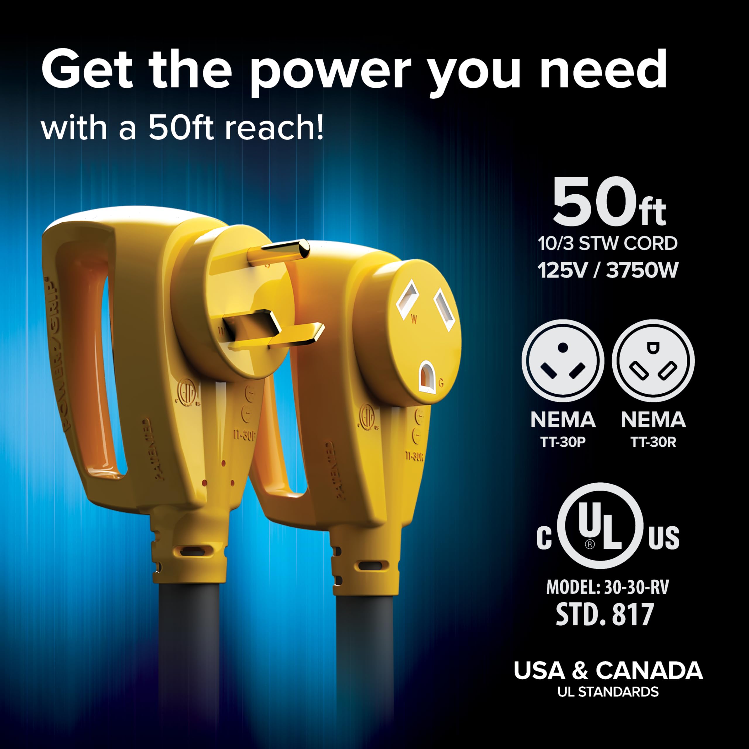 Camco PowerGrip 50-Ft 30-Amp Camper/RV Extension Cord - Standard 30-Amp Male & 30-Amp Female Connectors - Crafted of 10-Gauge Co