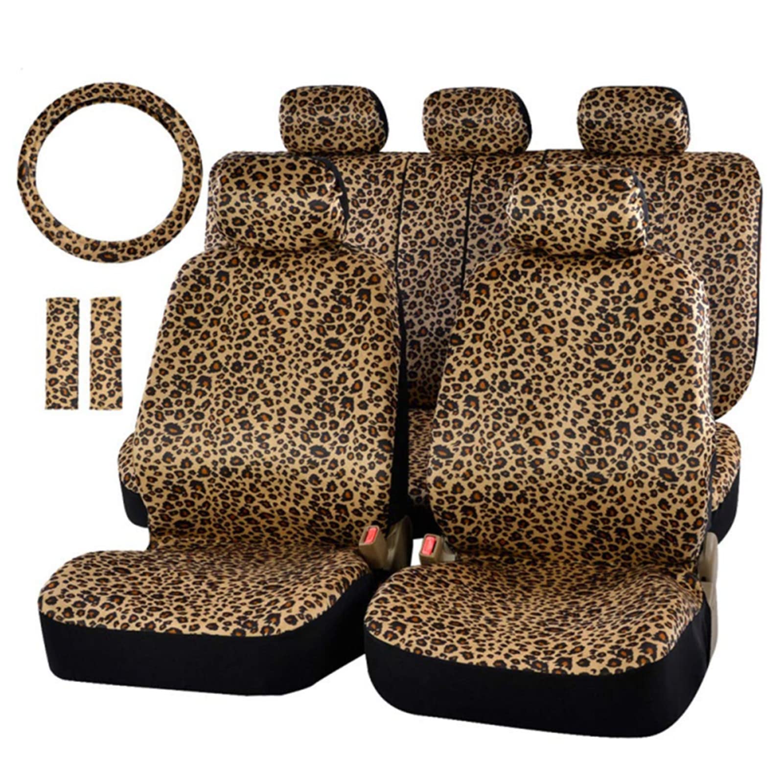 Autofan Leopard Car Seat Covers Full Set With Steering Wheel Cover 2 Seat Belt Pads, Cheetah Print Seat Covers For Cars For Wome