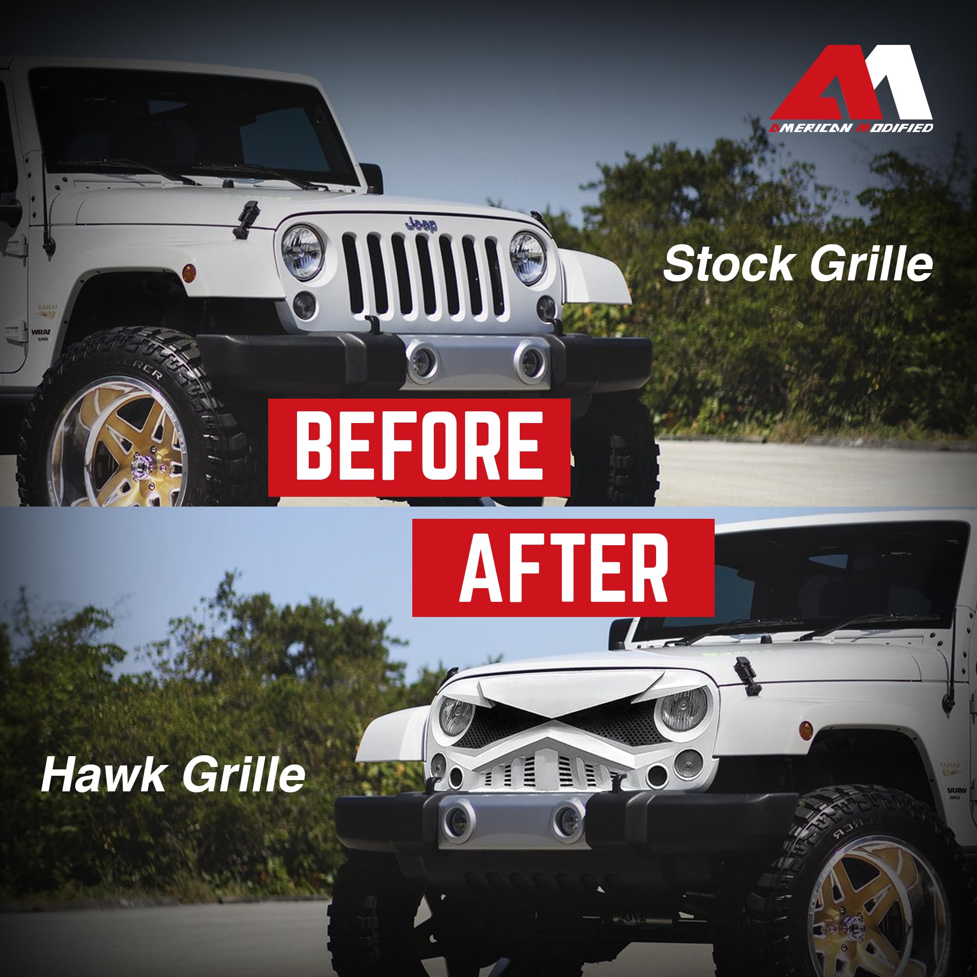 AM AMERICAN MODIFIED Hawke Front Grille Cover for Jeep Wrangler JK/JKU, 2007-2018, Plastic, White, Model 312677
