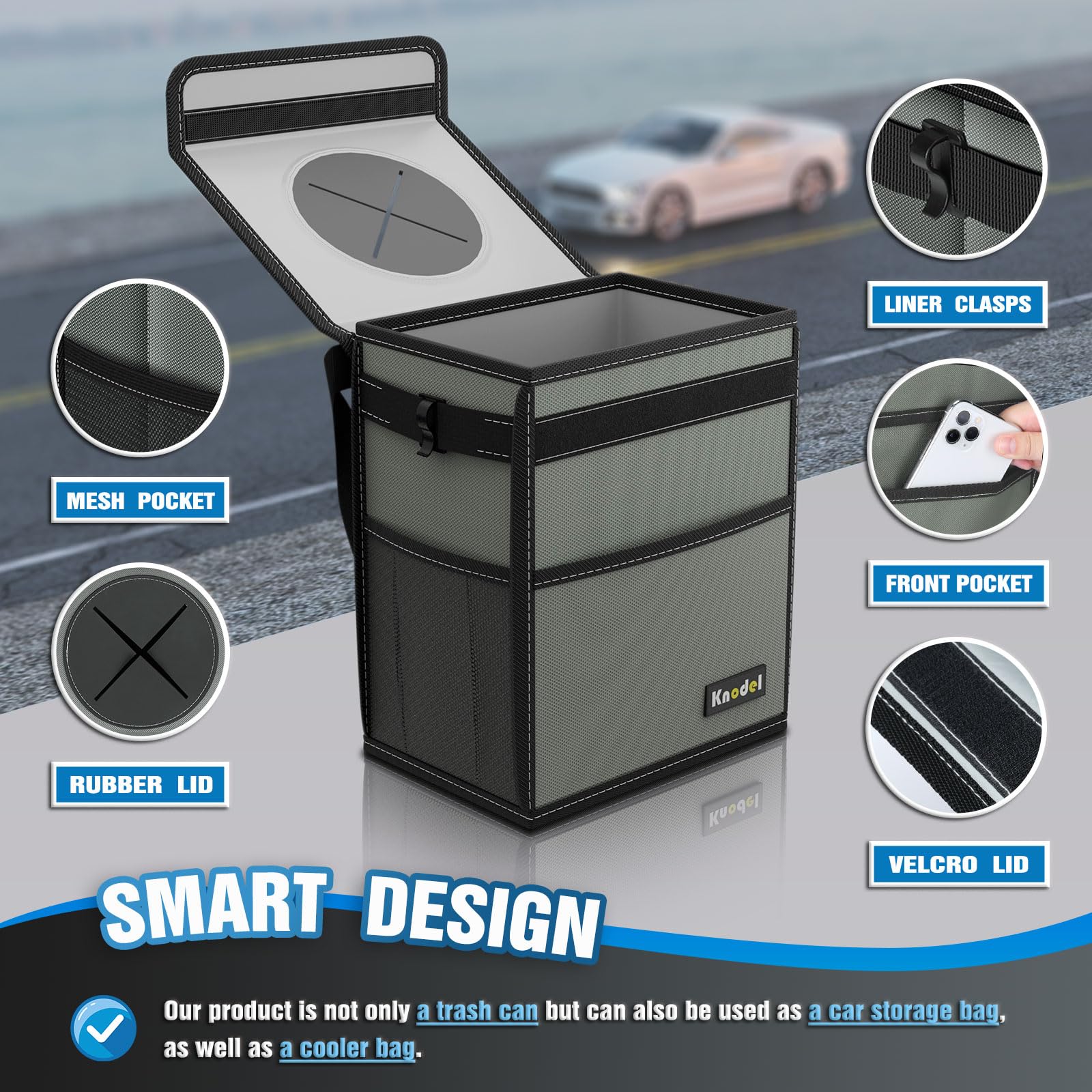 Knodel Car Trash Can, Waterproof Car Garbage Can, Car Trash Bag With Lid, Leak-Proof Car Trash Bin, Car Trash Hanging (Large, Gr