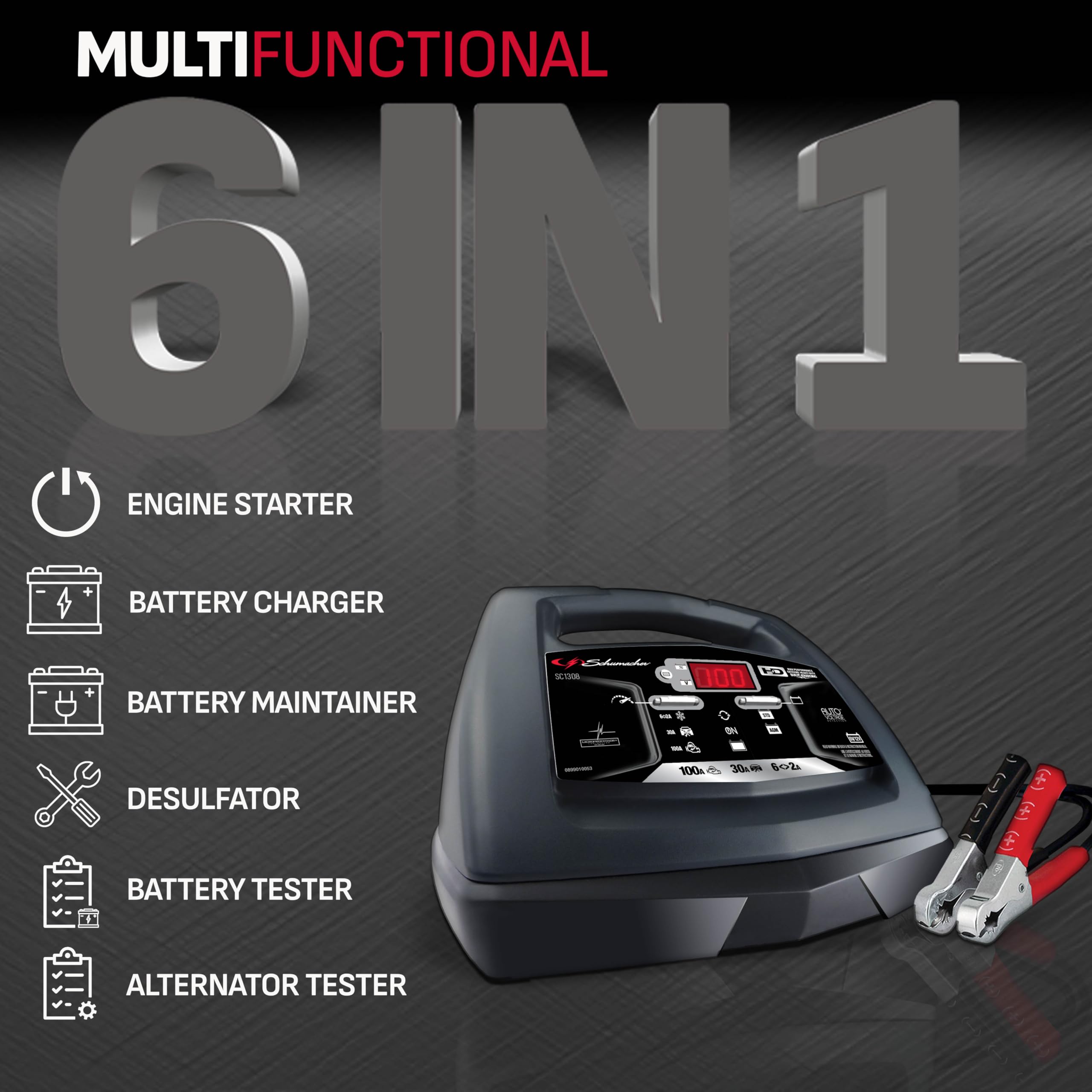 Schumacher Electric Fully Automatic Battery Charger Engine Starter, 6-in-1, SC1308 - 100 Cranking Amps, 6-Volt, 12-Volt, for Mot