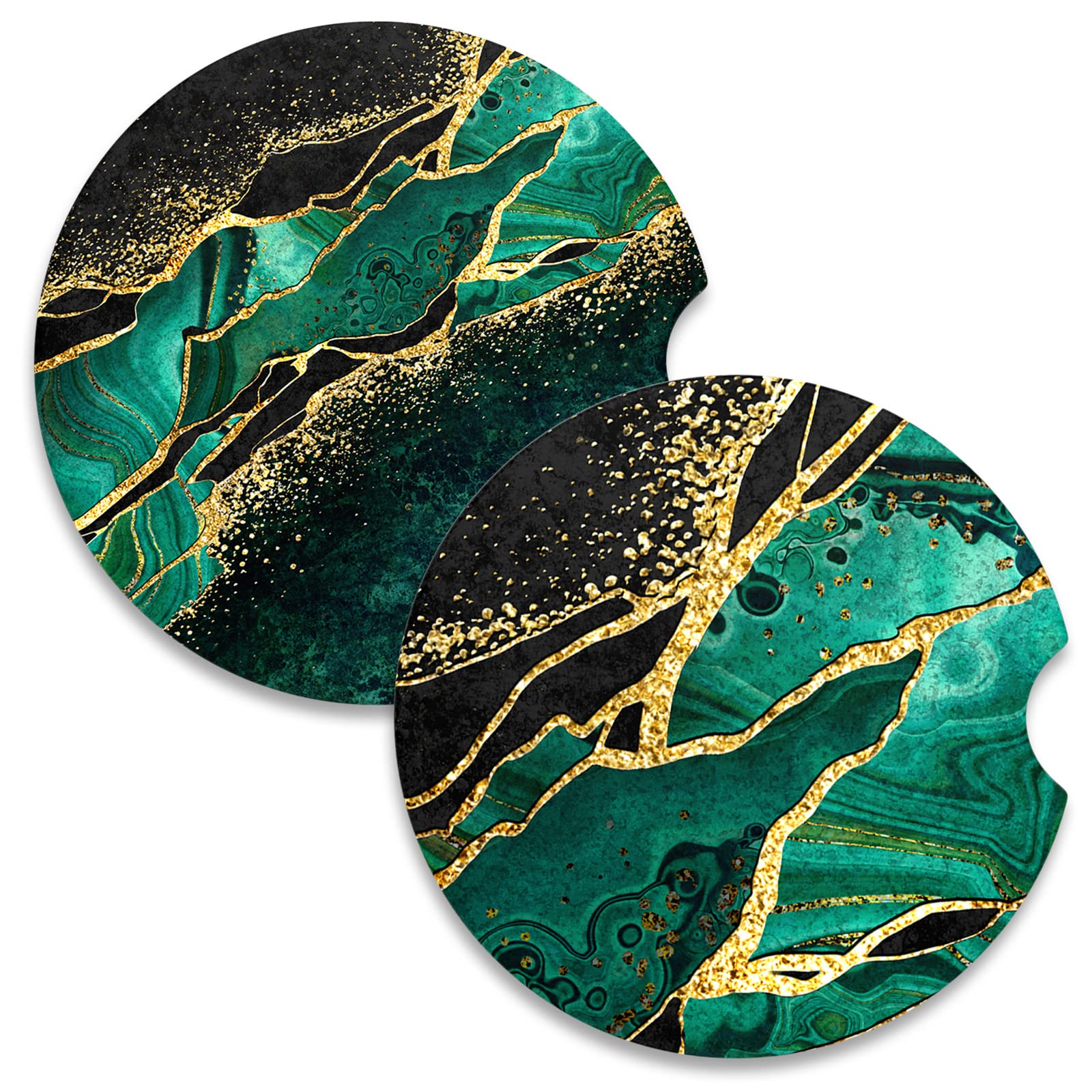 Nipichsha Car Coasters For Cup Holders, 2 Pack Absorbent Ceramic Car Cup Holder Coaster For Drinks, Cute Car Assecories For Women Men, Universal Size 2.56' With Finger Notch & Cork Base, Green Marble