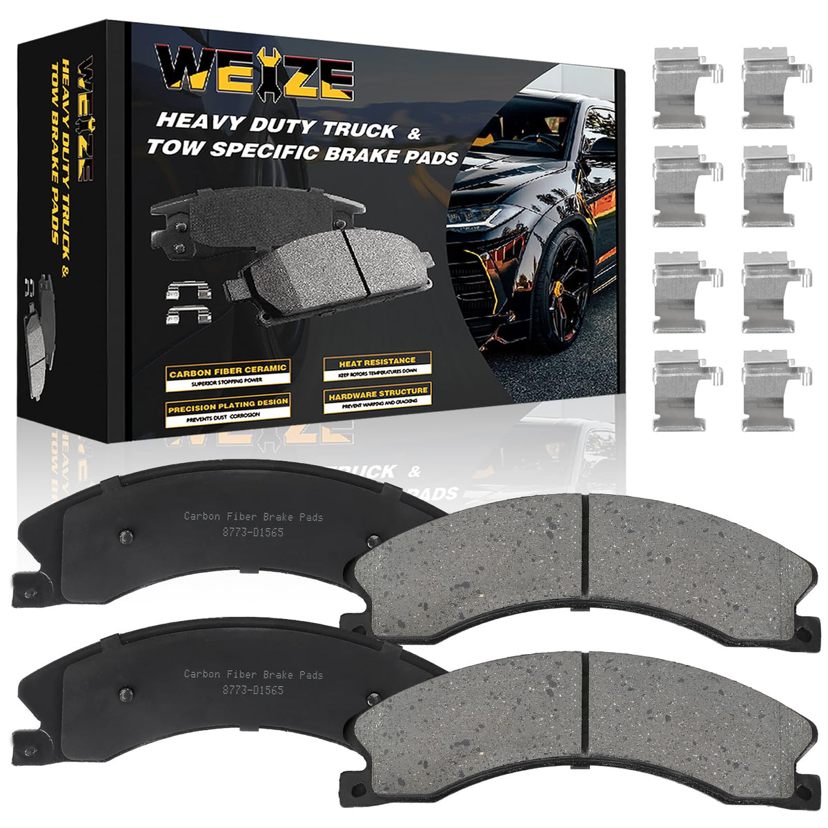 Weize Front Or Rear Carbon Fiber Ceramic Brake Pads, D1565 Truck And Tow Brake Pads Set With Hardware, Fit For Chevy Gmc Silvera