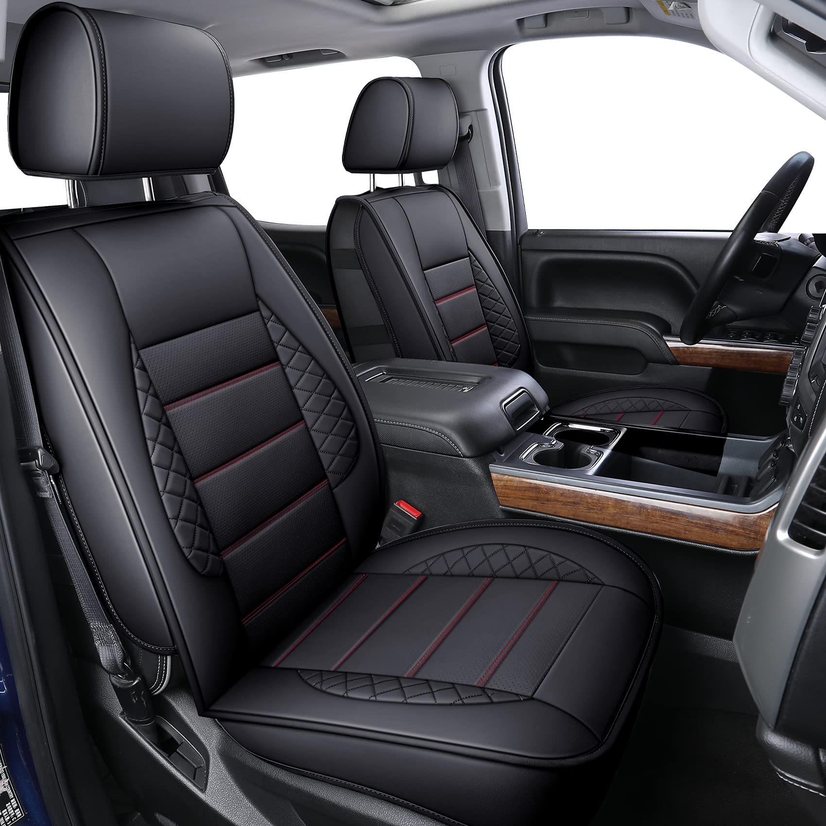 Luckyman Club D04-S2 Silverado Seat Covers, Fit For 2014-2018 Chevy Silverado Gmc Sierra 1500 And 2015-2019 2500Hd 3500Hd Crew Cab With Water Proof Faux Leather(Full Set, Black&Red)