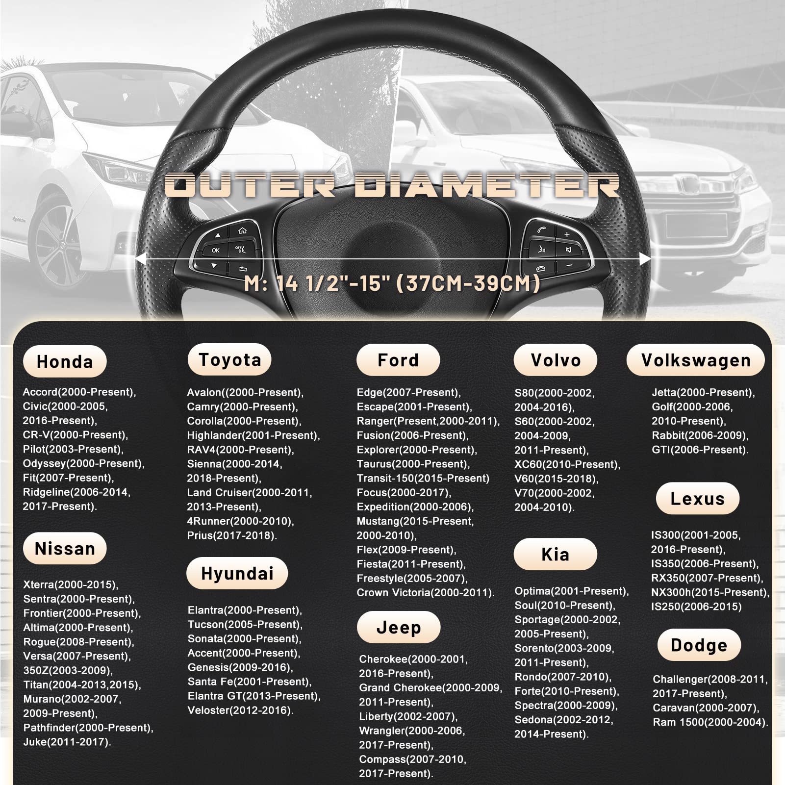 SEG Direct Car Steering Wheel Cover Universal Standard Size 14.5-15 inch, Black and Beige Microfiber Leather