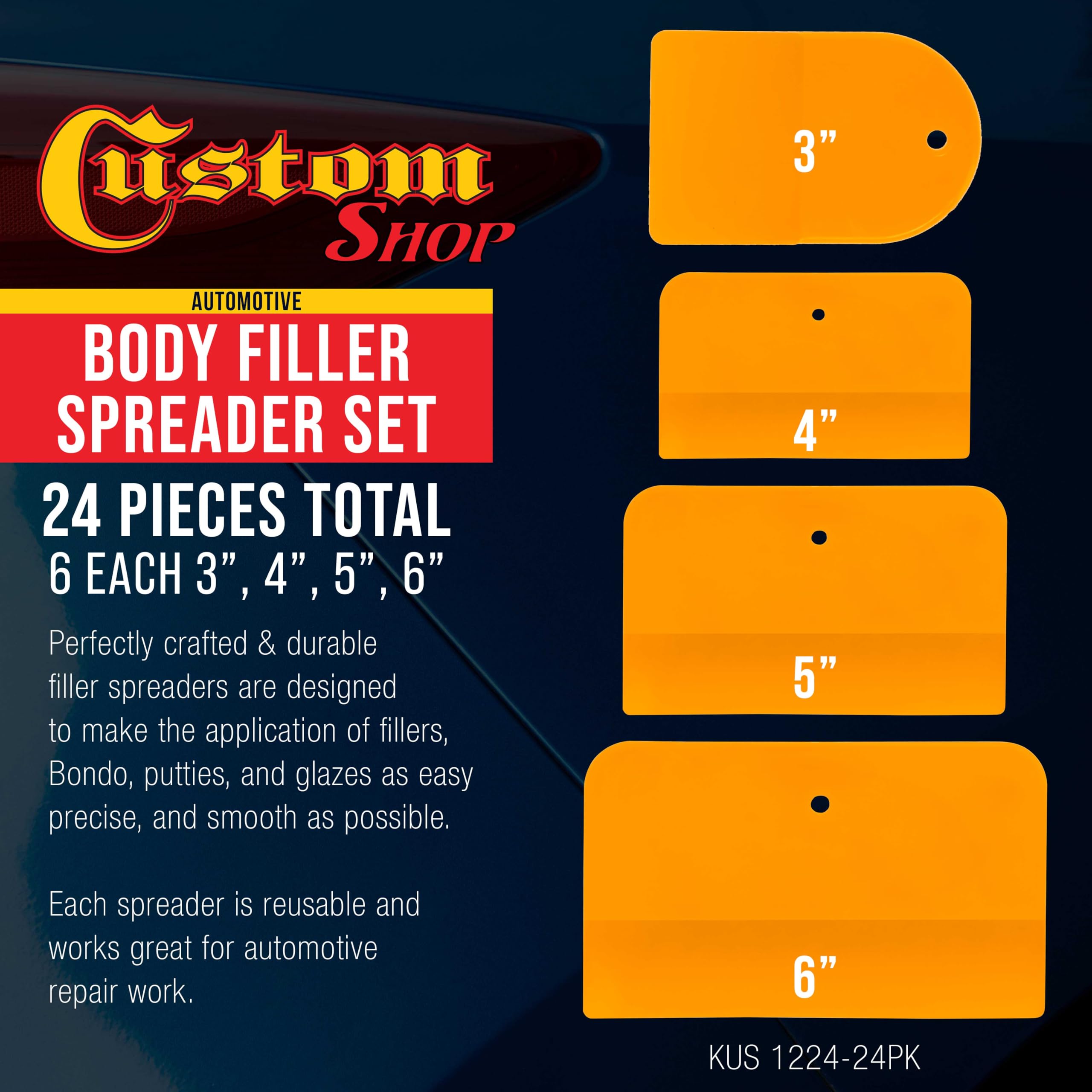 Custom Shop 24-Piece Body Filler Spreader Set, 6 Each 3, 4, 5, & 6 - Apply Spread Automotive Body Fillers, Putties, Glaz