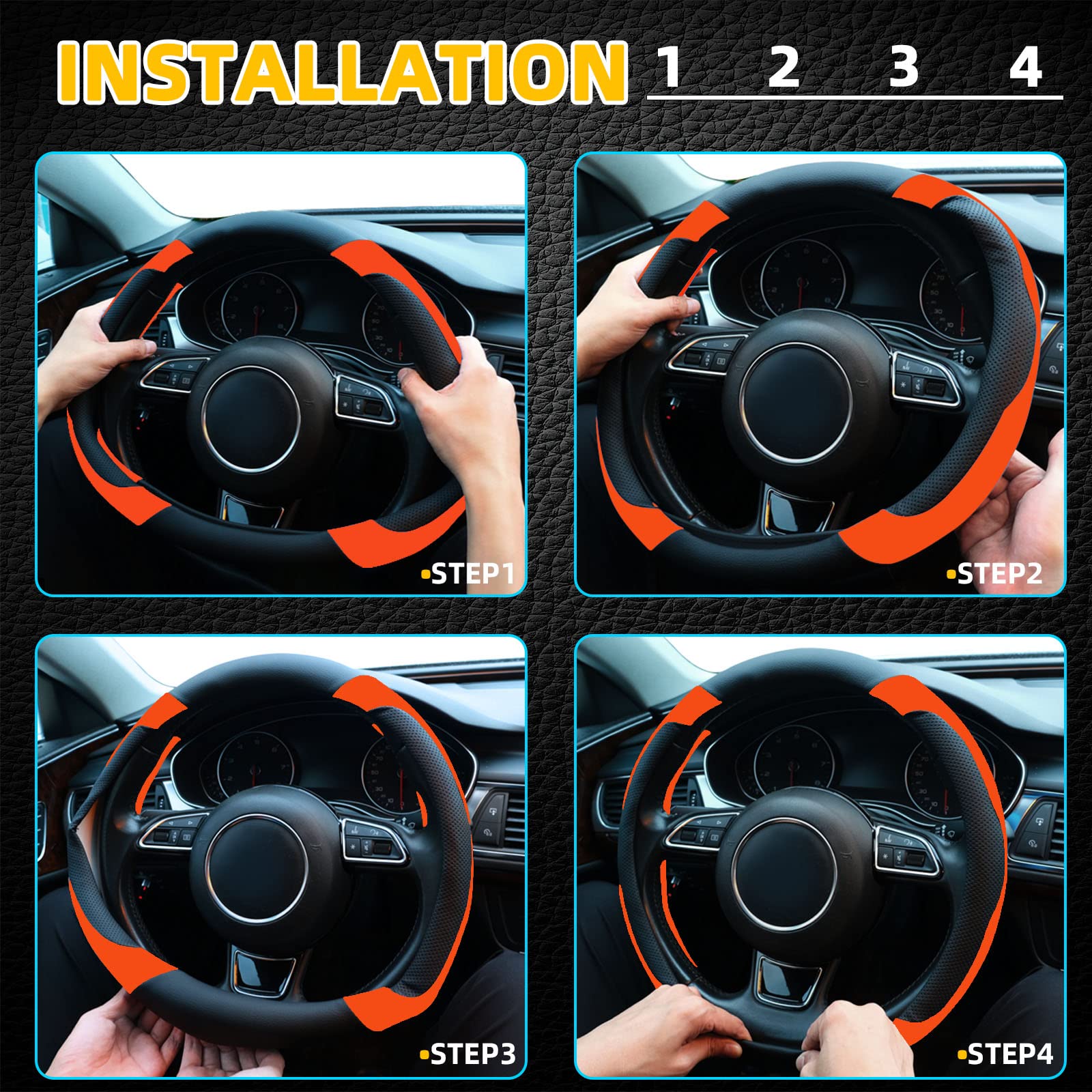 Xizopucy Orange Steering Wheel Cover Microfiber Leather Sporty Car Accessories For Men And Women,Breathable Non-Slip Universal F