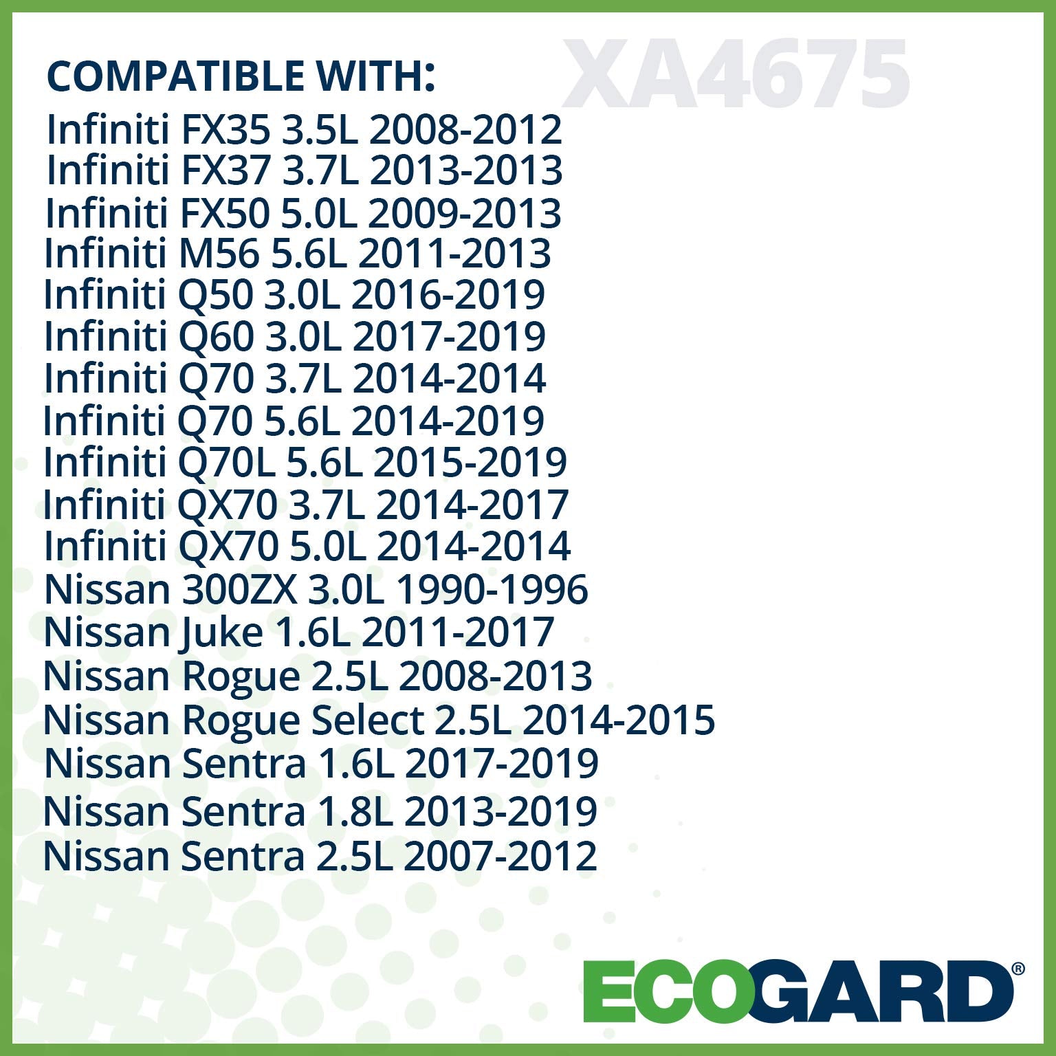 Ecogard Xa4675 Premium Engine Air Filter Fits Infiniti Q50 3.0L 2016-2019, Fx35 3.5L 2008-2012, Qx70 3.7L 2014-2017, Q60 3.0L 2017-2019, Fx37 3.7L 2013, M56 5.6L 2011-2013, Fx50 5.0L 2009-2013