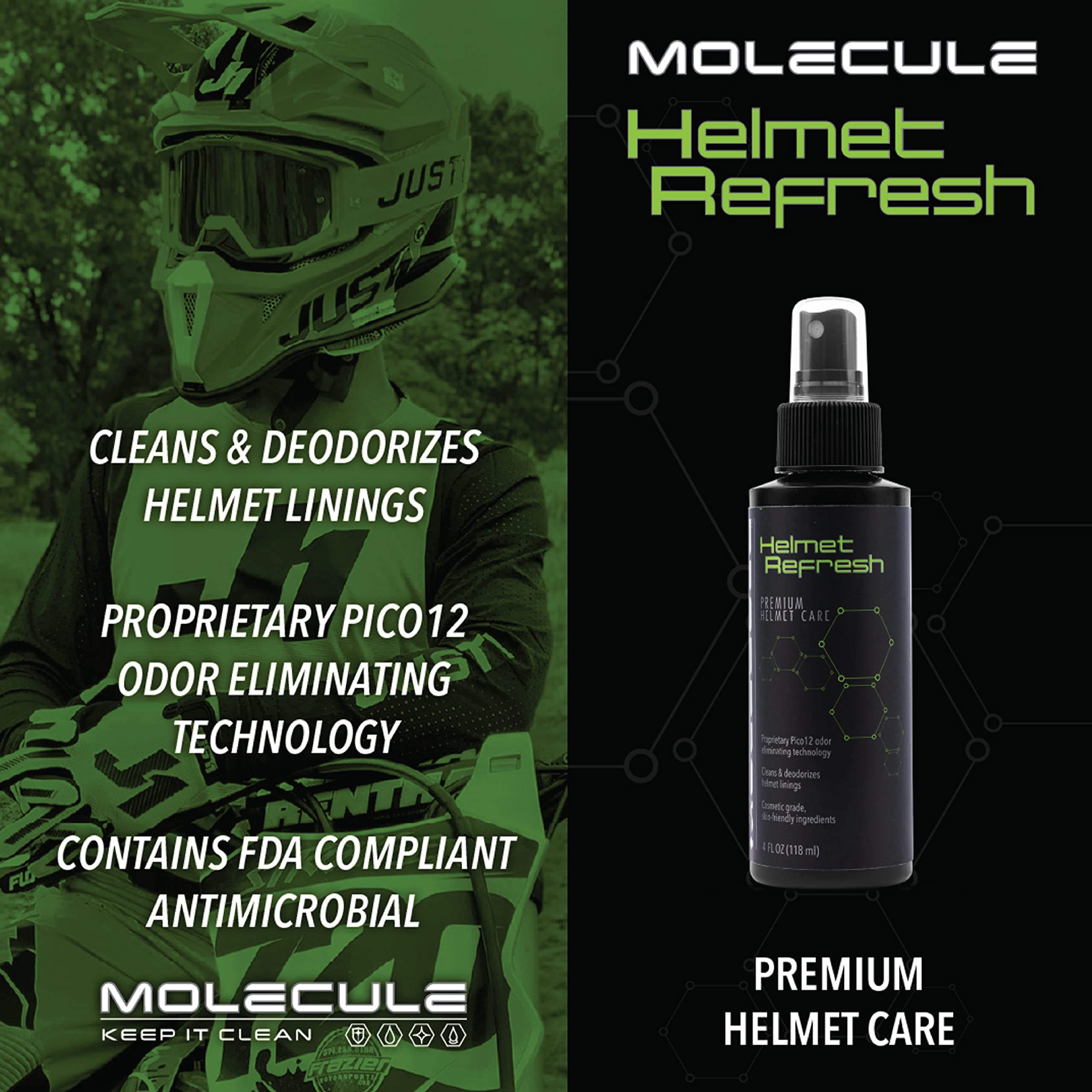 Molecule Premium Helmet Care Kit, Includes Anti-Fog, Cleaner Polish, Helmet Refresh, And Rain Repel, For Helmets, Visors, And Goggles, Cleans And Details, 4 Ounces (1 Kit)