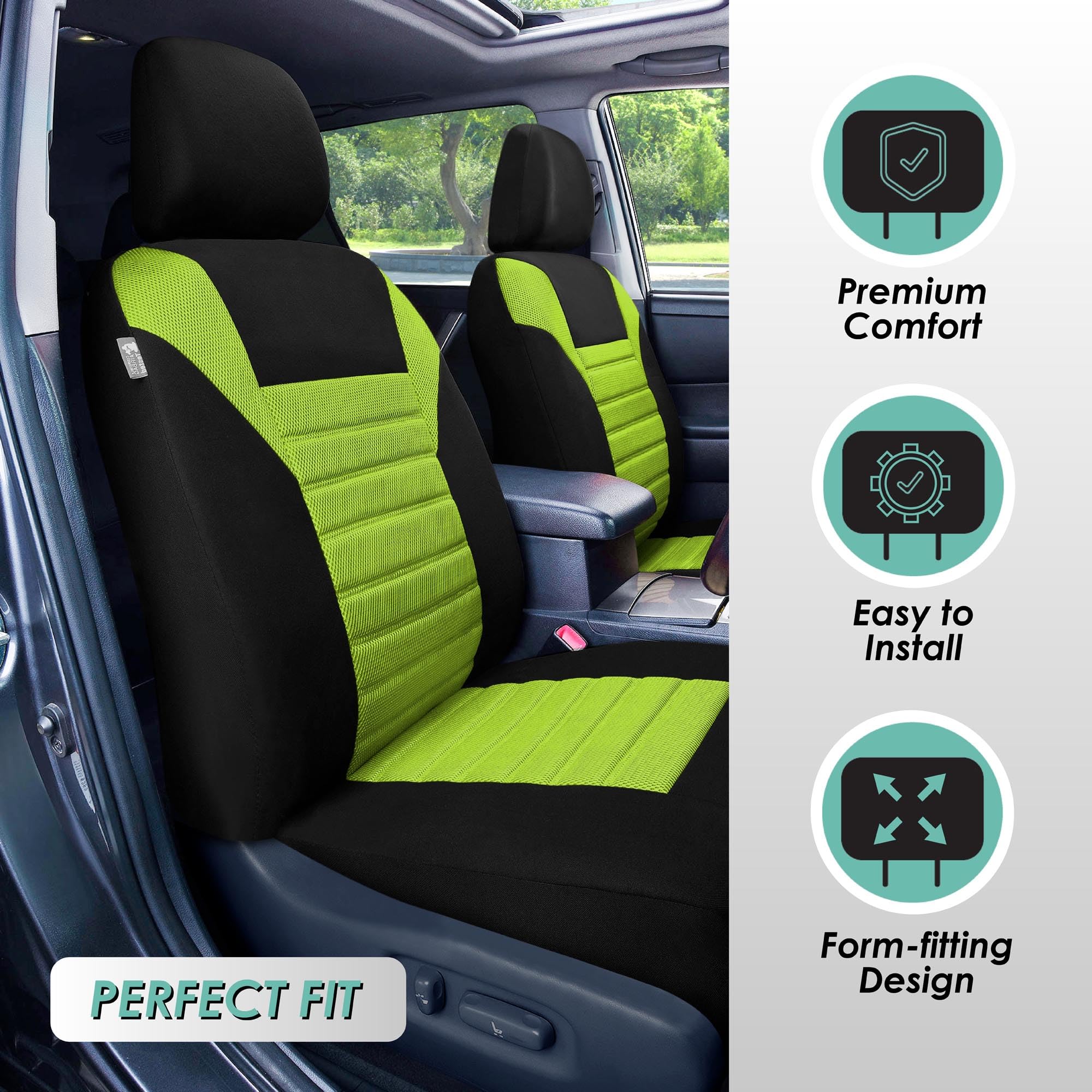 Fh Group Automotive Car Seat Covers Full Set Premium 3D Air Mesh Green And Black Seat Covers, Airbag Compatible And Split Bench