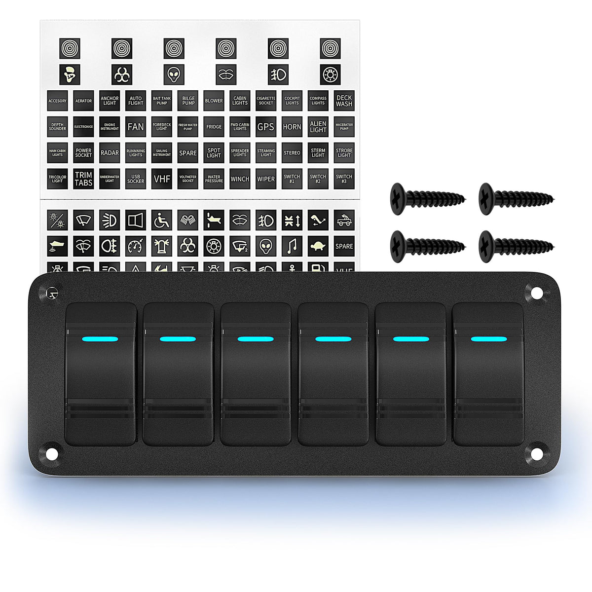 Joinfworld 6 Gang Rocker Switch Panel 12V Marine Boat Switch Panel Waterproof 12 Volt Blue Led Light Toggle Switch Panel On Off With Pre-Wired For Boat Automotive Car Truck Rv Utv