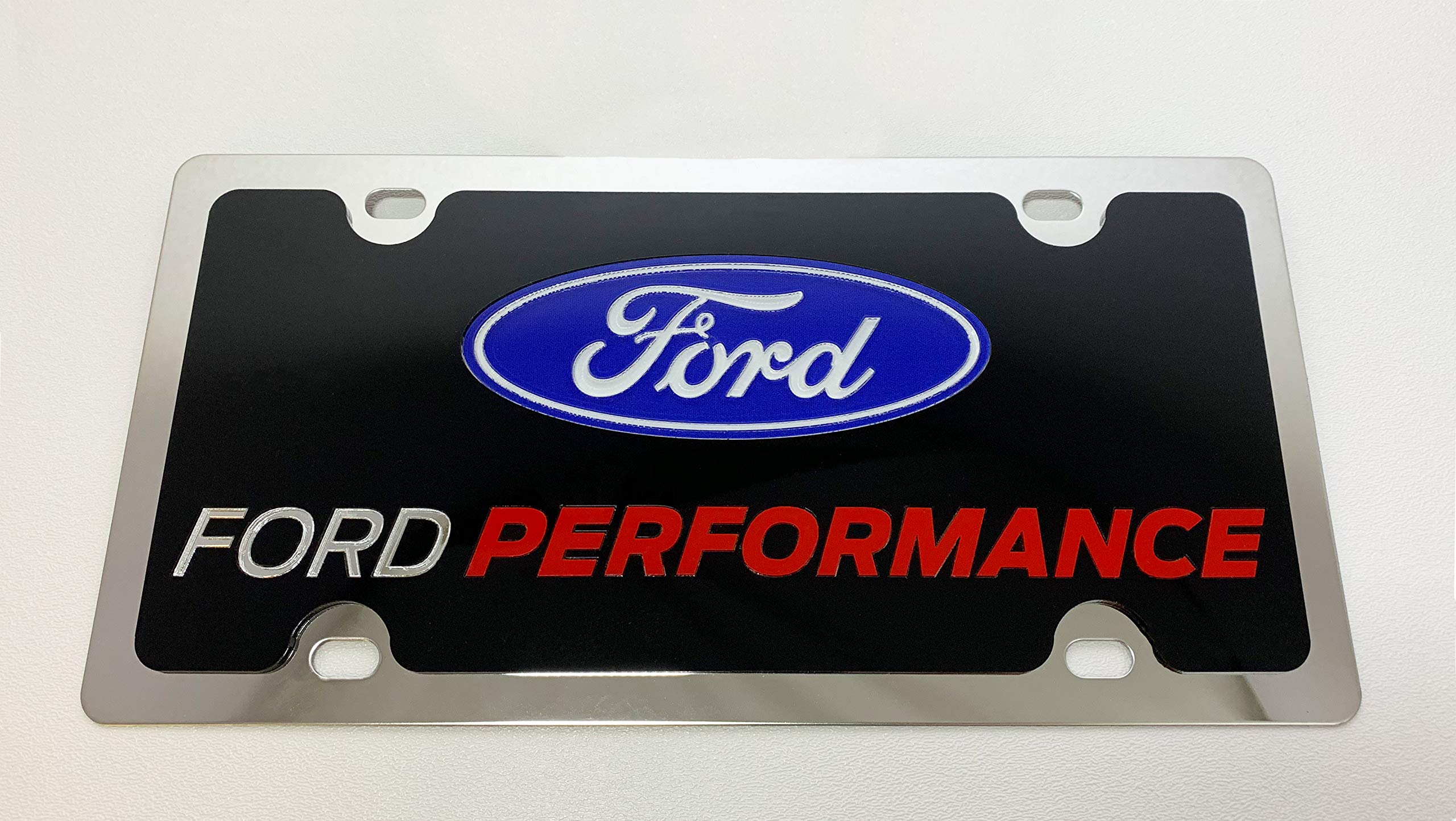 Stainless Steel License Plate- Compatible With -, Ford Performance L/W Blue Uv Logo, Mirror Ford And Red Performance Word