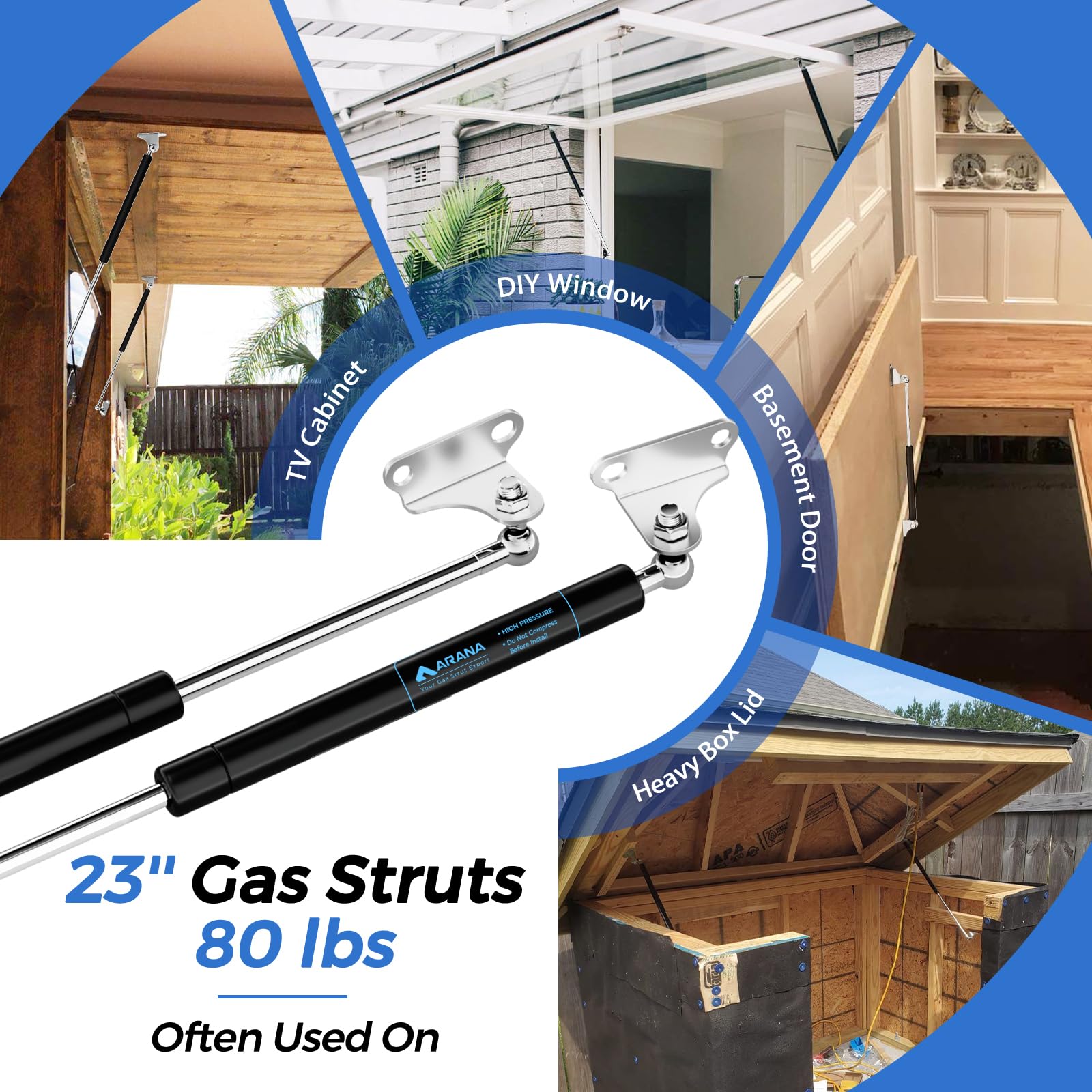 Arana Gas Struts 23 Inch 80Lb Gas Springs Shocks With Mounting Brackets, 23'' Lift Support For Heavy Duty Lid Rv Bed Camper Bed
