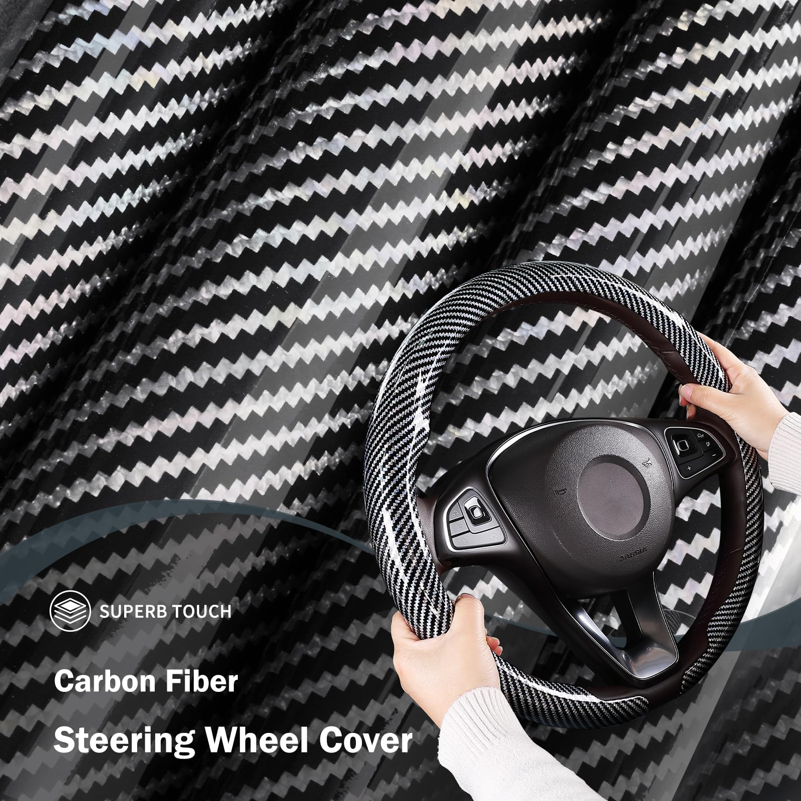 Car Steering Wheel Cover Carbon Fiber Snap On Steering Wheel Accessories Wrap 14.5-15 inch Universal Grip Anti-Skid Protector, G