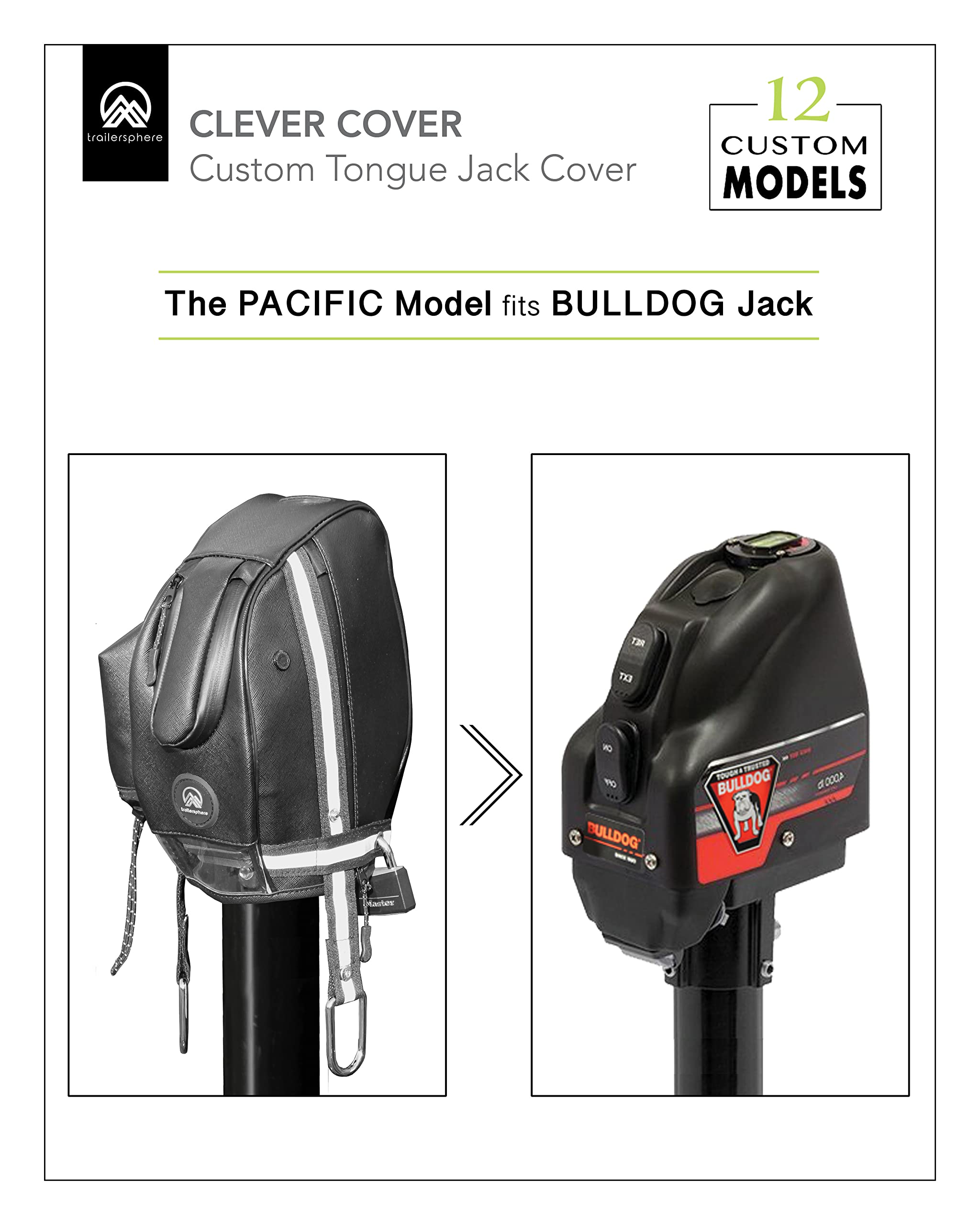 Trailersphere Clever Cover For Bulldog Jack Custom Electric Tongue Jack Cover For Trailer, Rv, Camper, Chains Holder, Plug Protector, Sun And Waterproof (Bulldog Jack Cover)