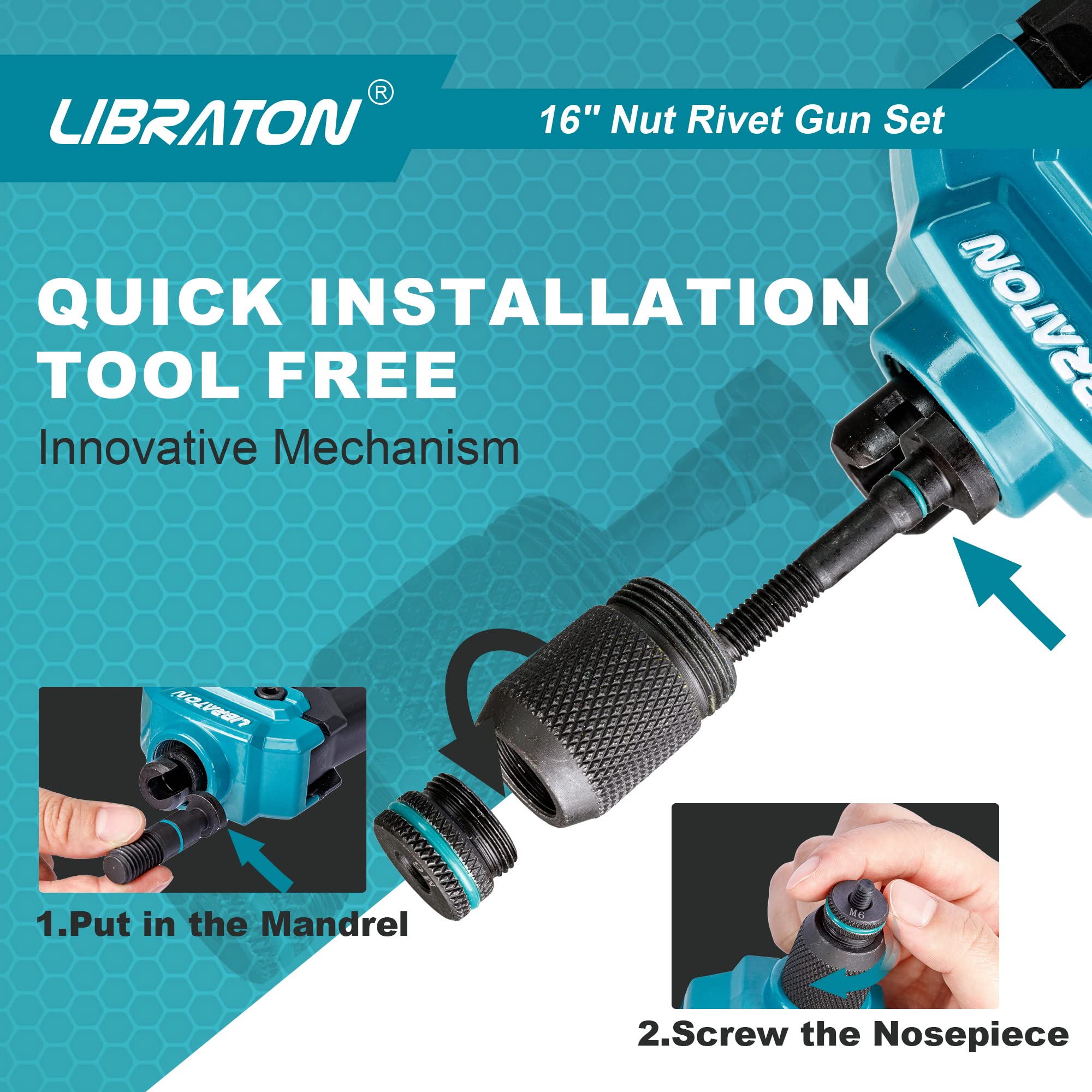 Libraton 16'' Rivet Nut Tool, Rivet Nut Gun, Hand Rivet Nut Setter With 110Pcs Rivet Nuts, 11Pcs Metric & Sae Interchangeable Ma