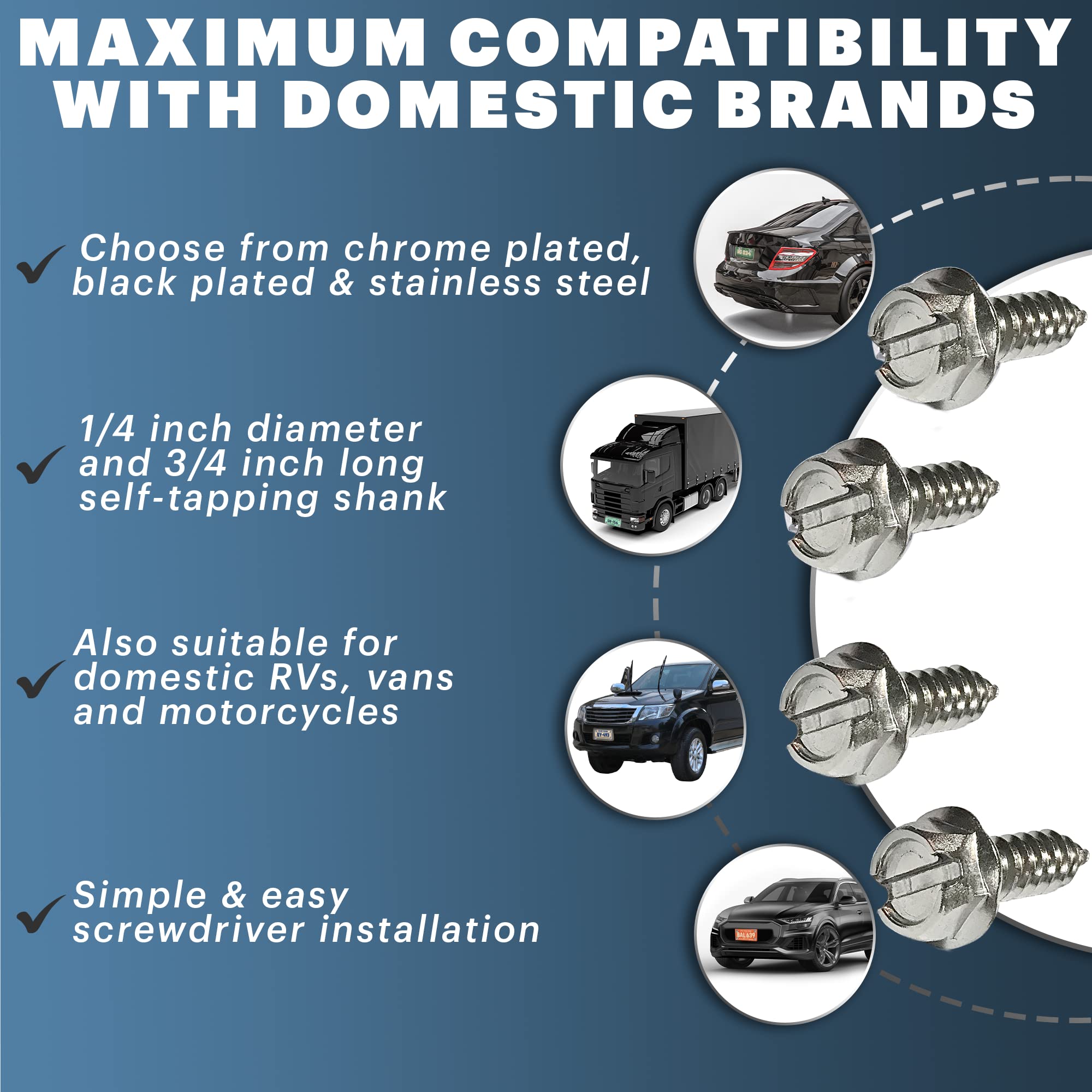 License Plate Screw Kit - Set Of 8 Stainless Steel Screws For Front And Back License Plates, Frames And Covers On Domestic Cars,