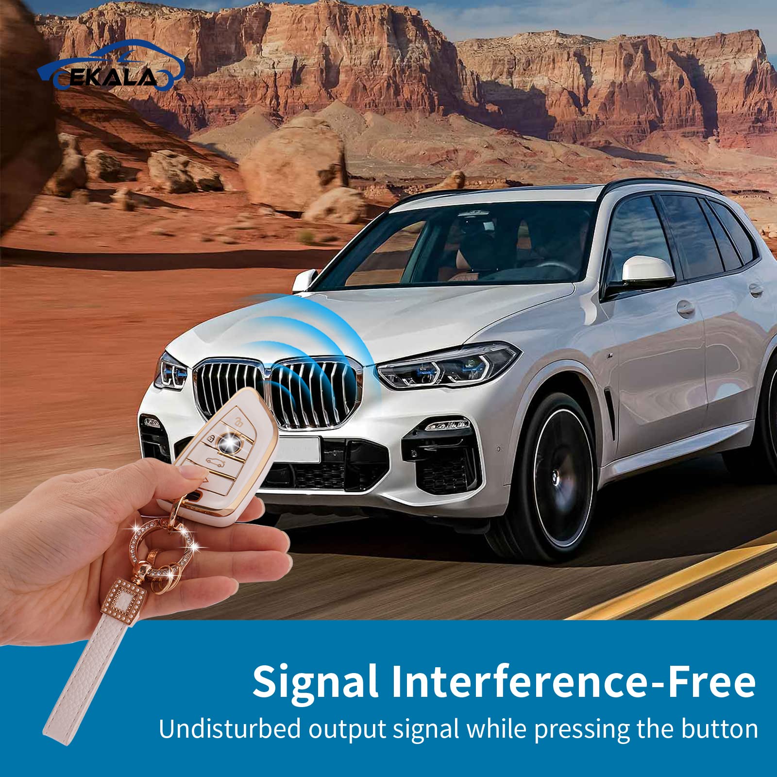 EKALA for BMW Key Fob Cover Soft TPU Full Protection Smart Key Case Shell White with Leather Keychain Lanyard Fit for BMW X1 X2