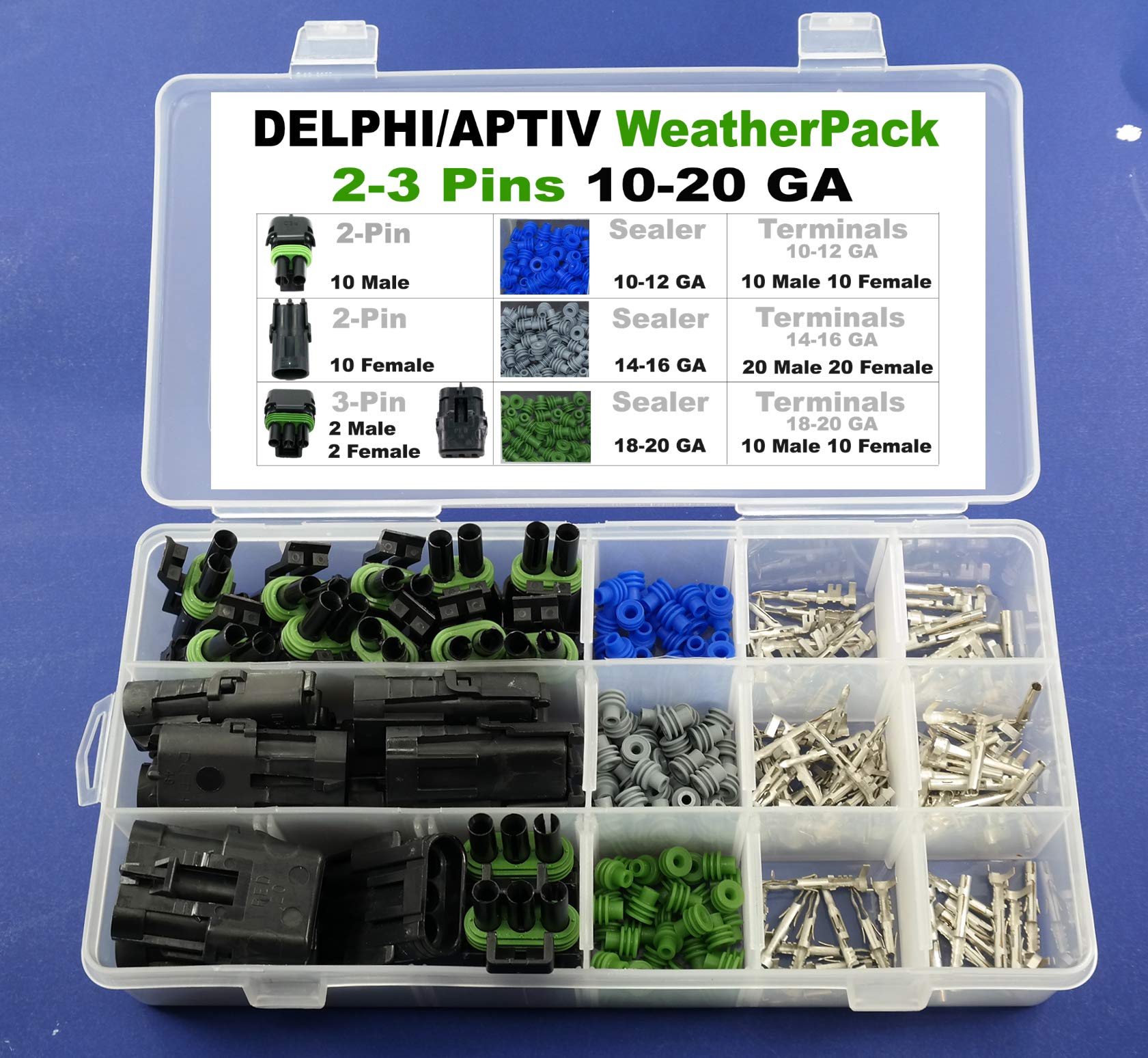 184Pcs 2, 3 Pin Weatherpack, 20 Amp Terminal Kit 10-20