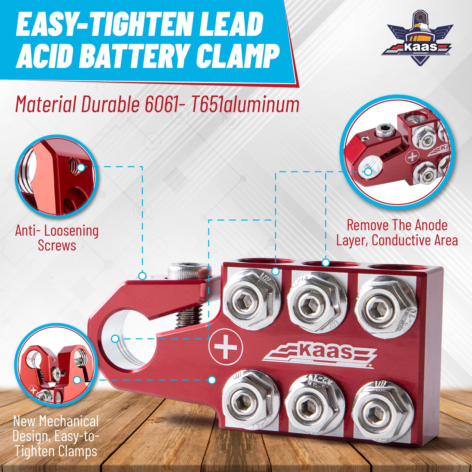 Kaas Battery Terminal Connectors, Colored Anode Top Post Battery Terminal, Positive (Red) Negative (Blue) Set (+/-), For Sae/Din