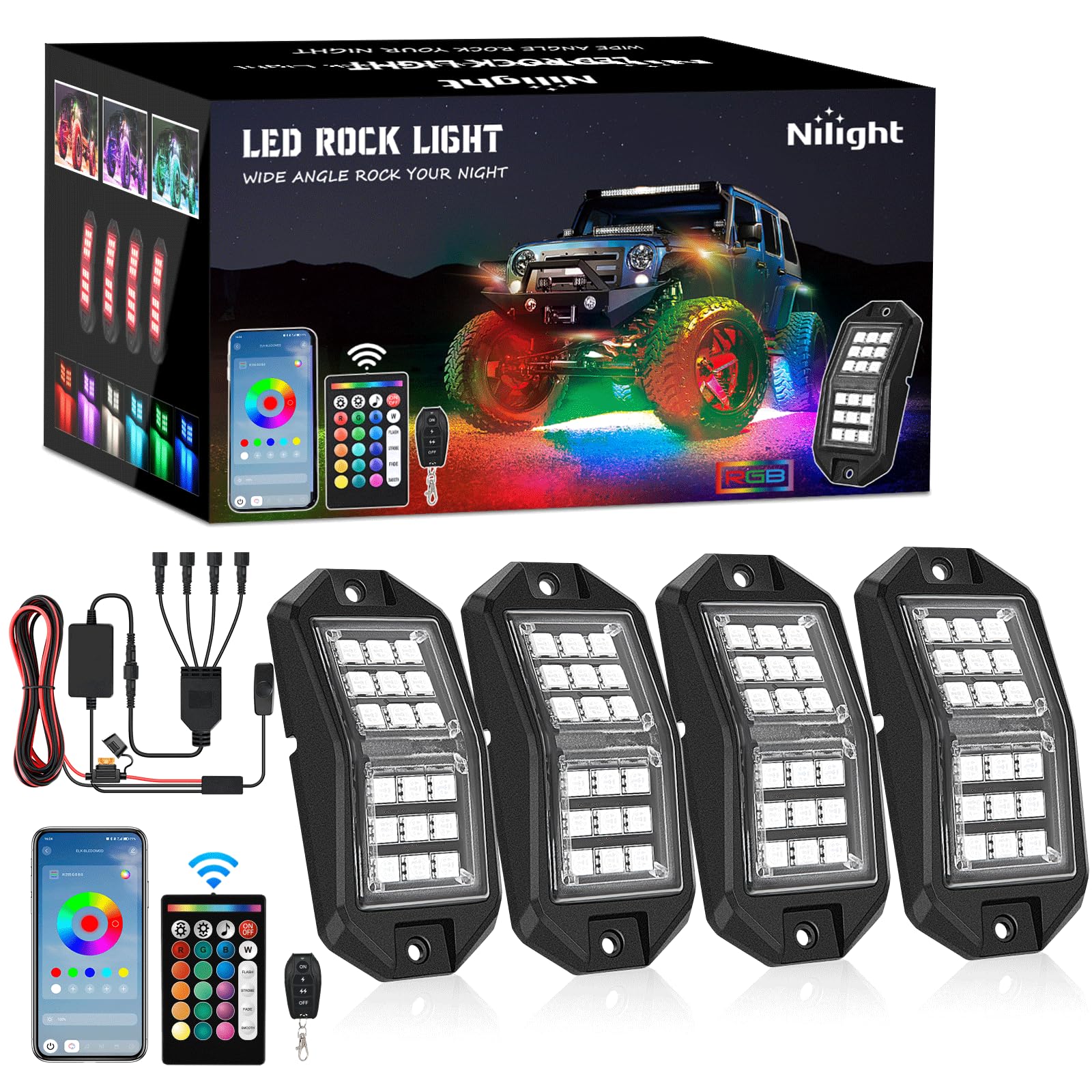 Nilight Rgb Led Rock Lights Kit 4 Pcs 18Led Wide Angle Wheel Well Light With Remote & Bluetooth App Dual Control Multi Modes Und