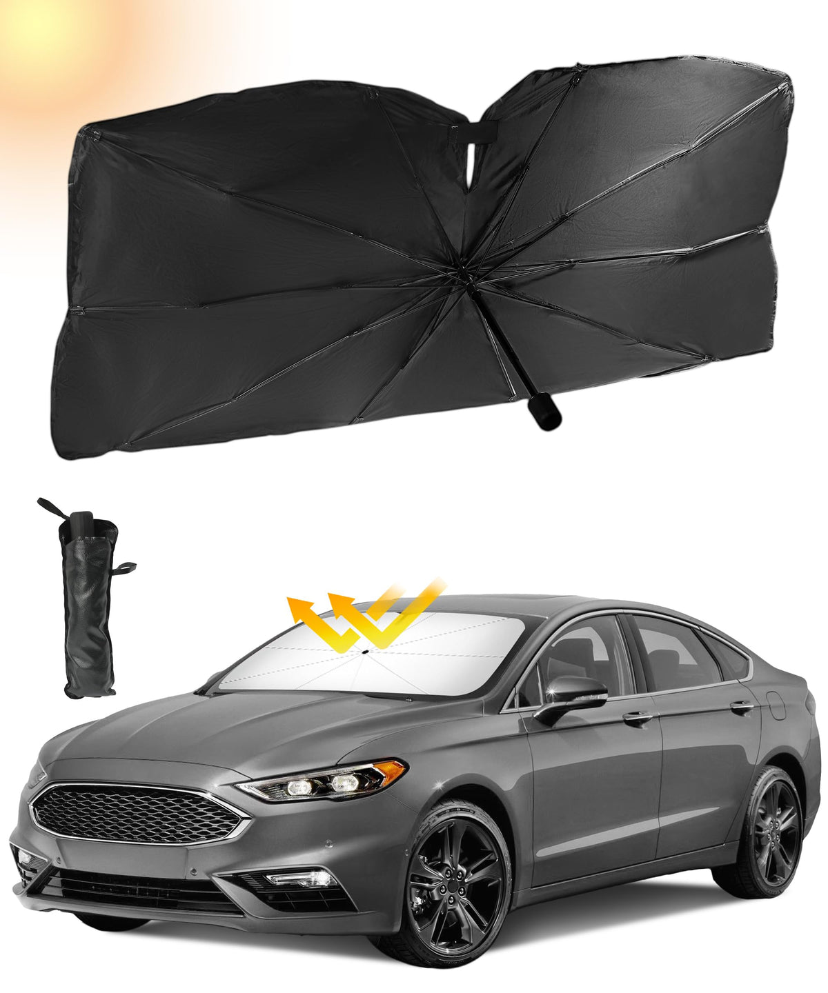 RACOONA 55'' x 31'' Car Sunshade Umbrella,Upgraded Windshield Cover Sun Shade,UV Reflecting Portable Front Window Cover,Universa