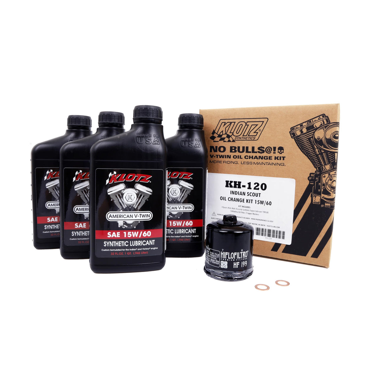 Klotz 15W-60 Synthetic Oil Change Kit For Indian™ Scout V-Twin Motorcycle (4 Quarts), 1 Filter, 2 Washers – Kh-120
