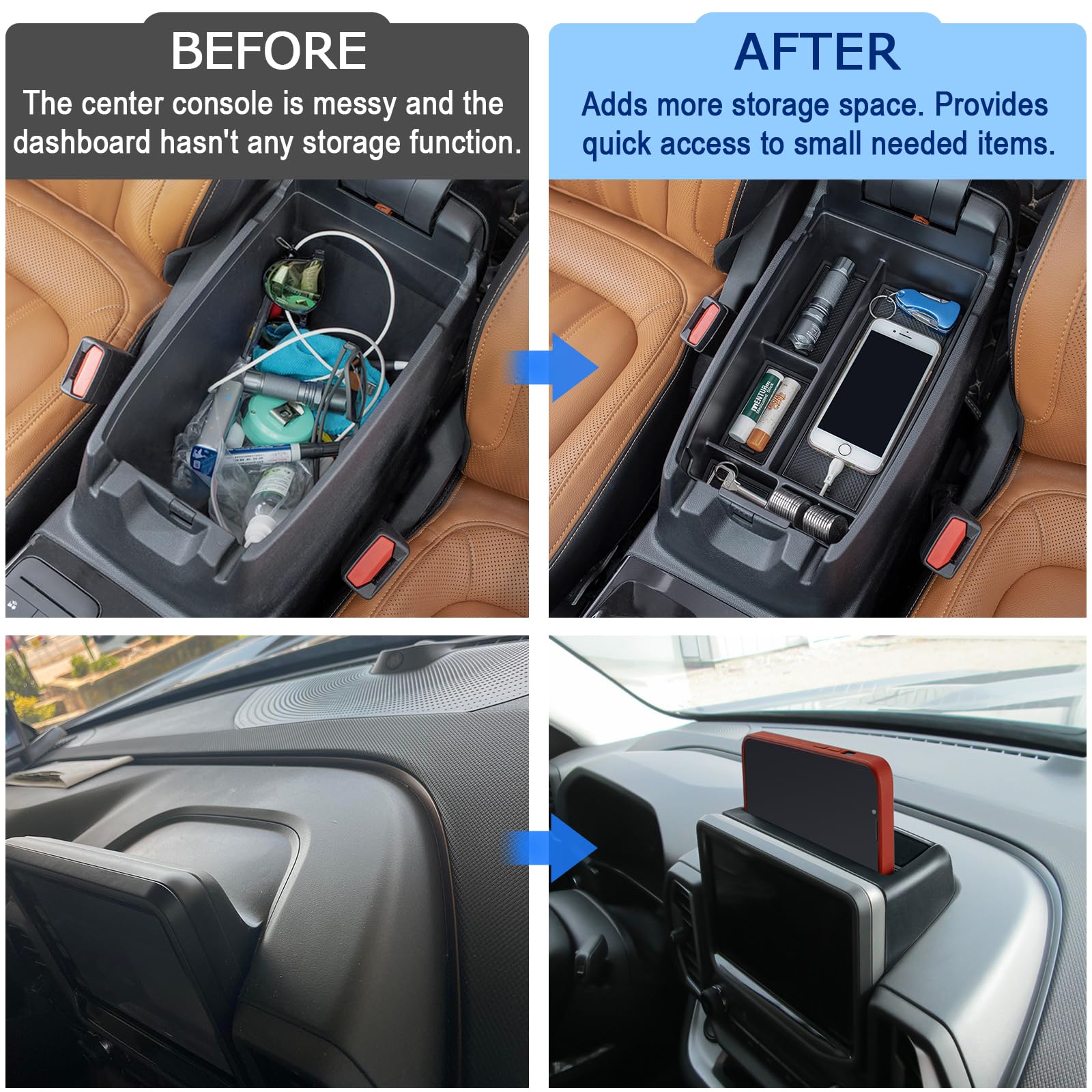 TOPINSTALL New Tray 2PCS Set Compatible with 2021-2024 Ford Bronco Sport Accessories, Armrest Storage Console Organizer Dash Tra