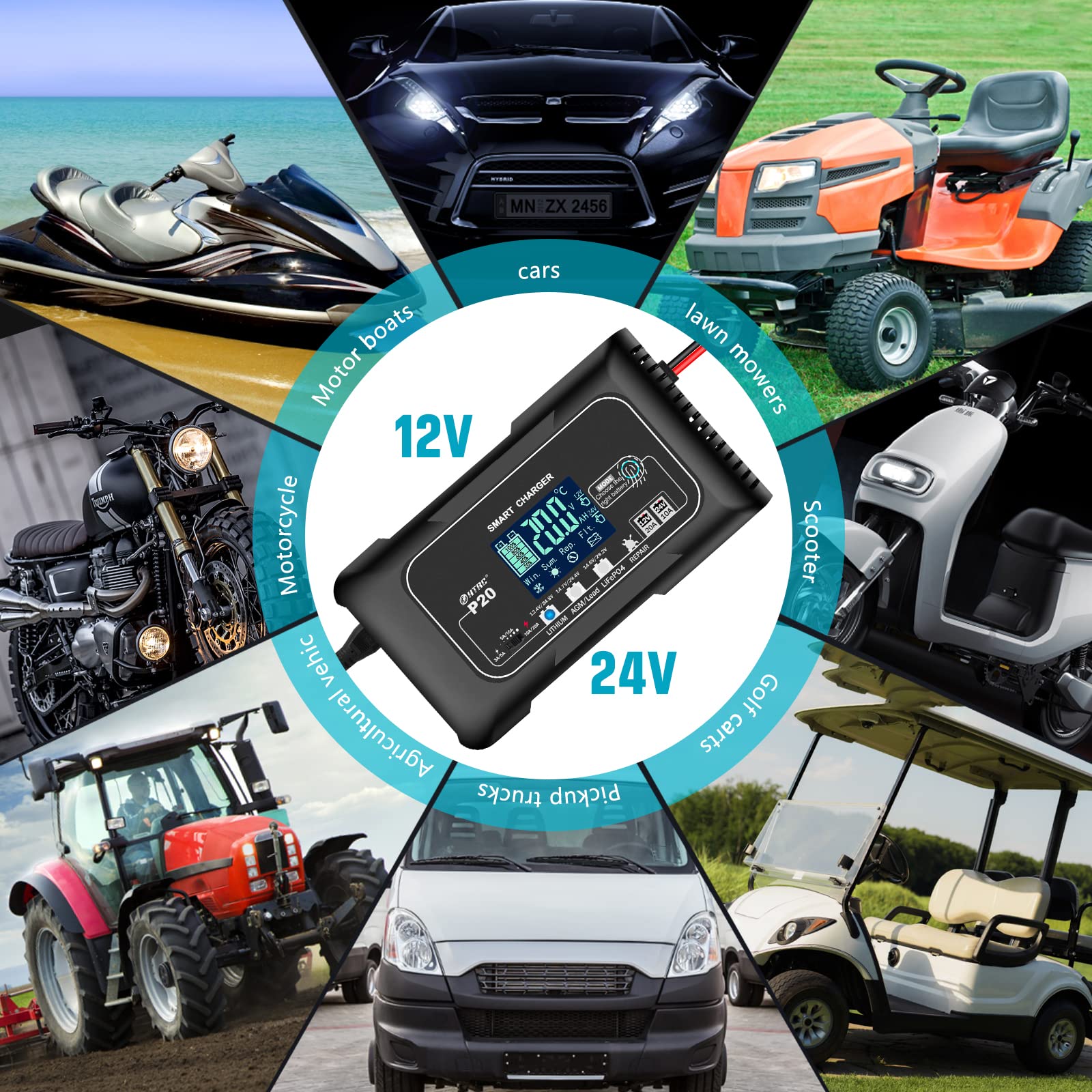 20-Amp Smart Battery Charger,Lithium,Lifepo4,Lead-Acid(Agm/Gel/Sla.) Car Battery Charger,Trickle Charger, Maintainer/Deep Cycle