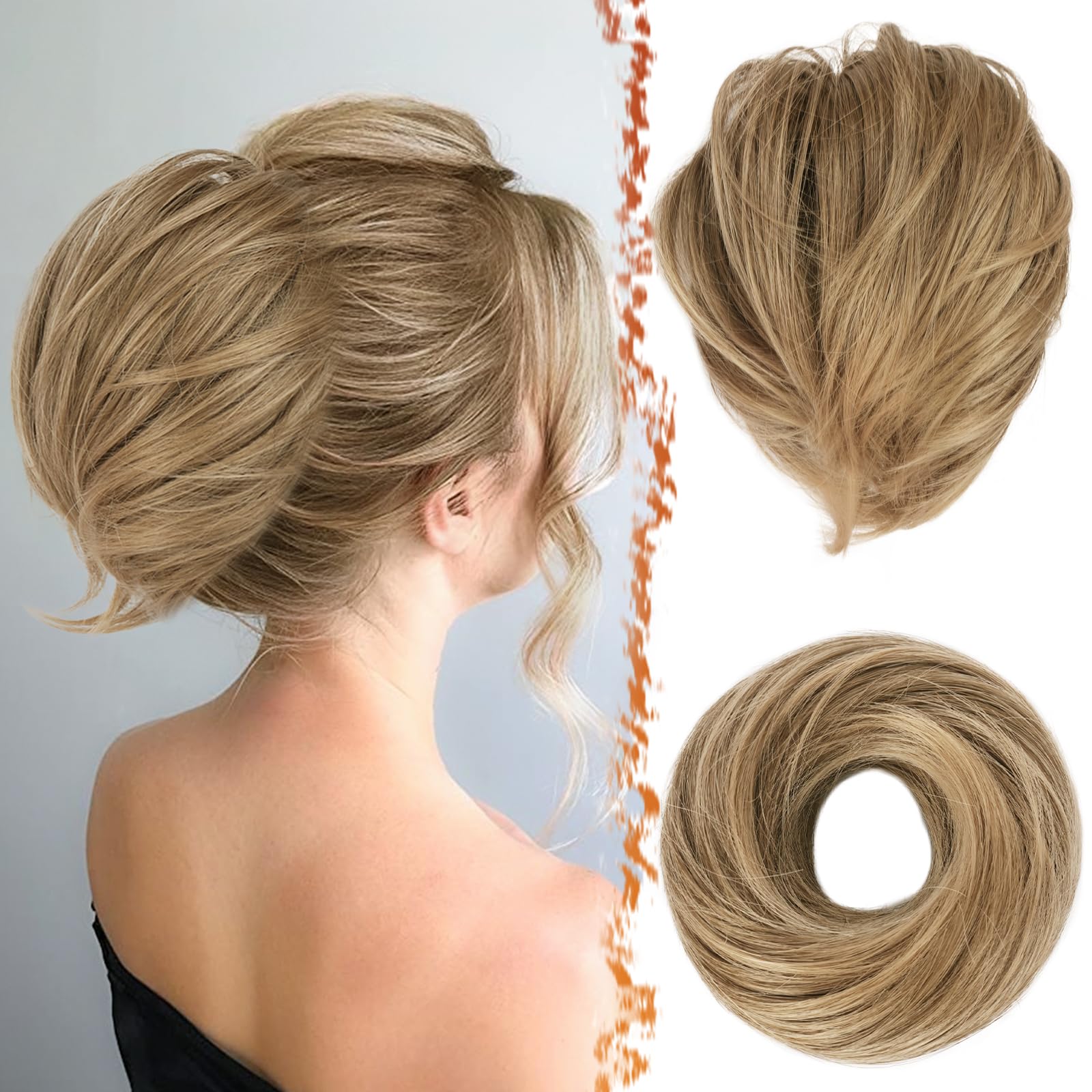 BARSDAR Straight Hair Bun Extensions  Straight Short Ponytail Hair Bun Hairpieces Synthetic Fully Hair Bun Extension with Elastic Scrunchies for Women Girls- Light Golden Brown & Blonde-New