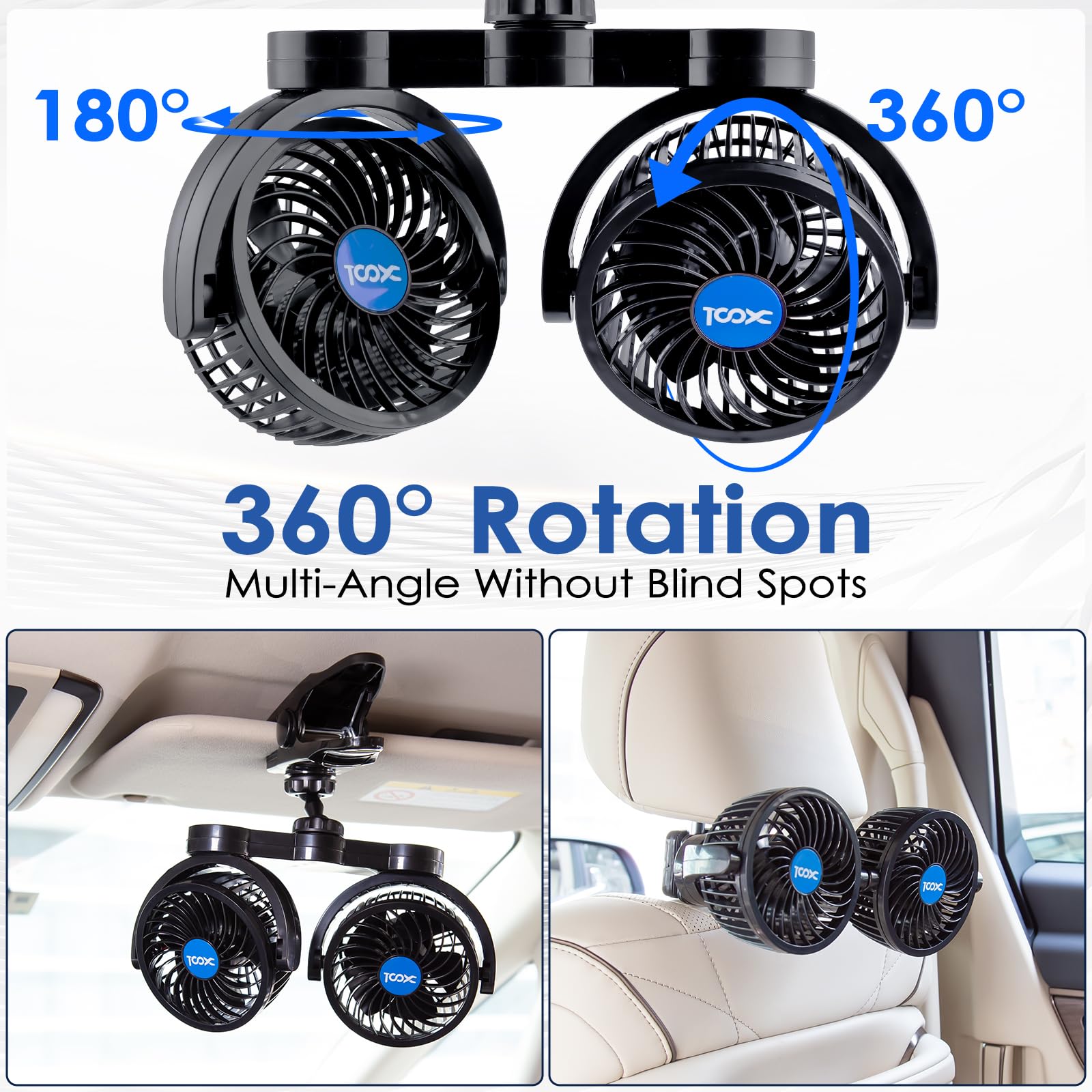 Xool Clip Car Fan, Adjustable Dual Head 4 Inches 12V Fan For Front/Rear Seat Passenger, 360 Rotatable Electric Car Cooling Fans