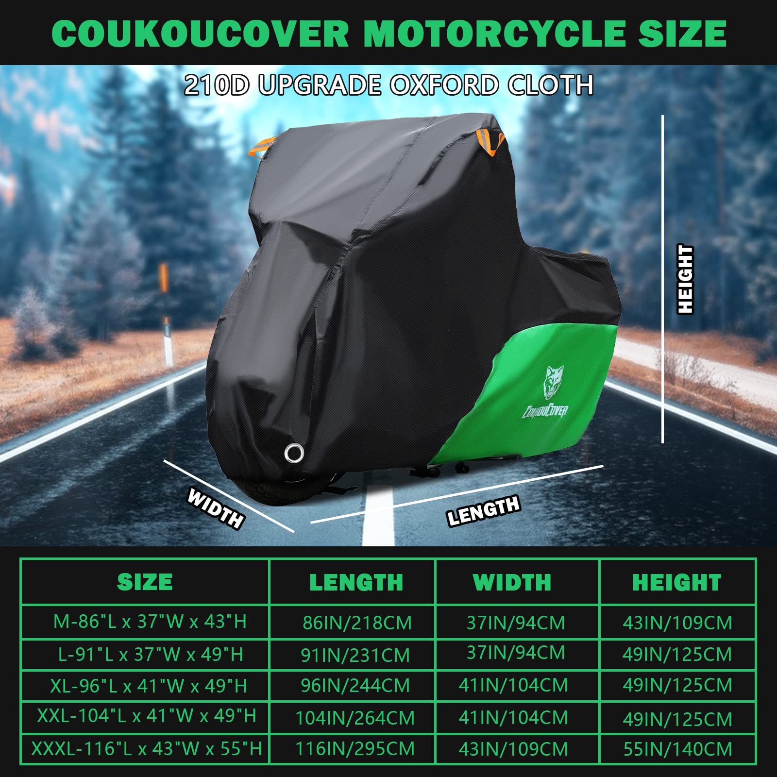 Coukoucover Motorcycle Cover, All Weather Outdoor Waterproof Night Protection With Reflective Strips, Locking Holes And Storage